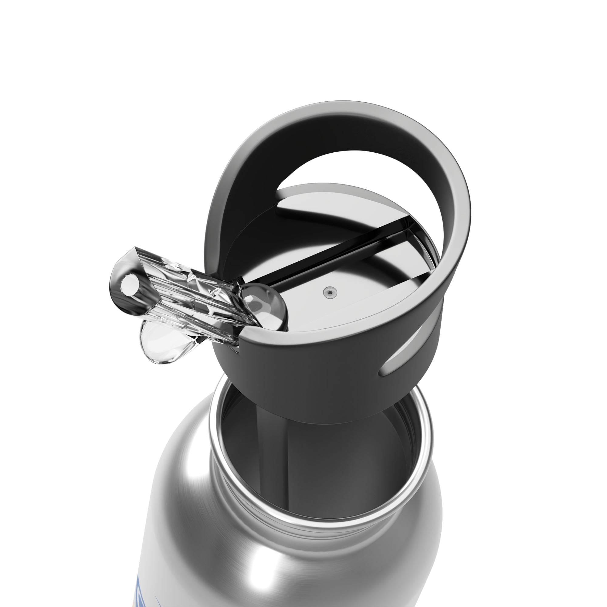 Close-up of a silver water bottle with a black cap on a white background