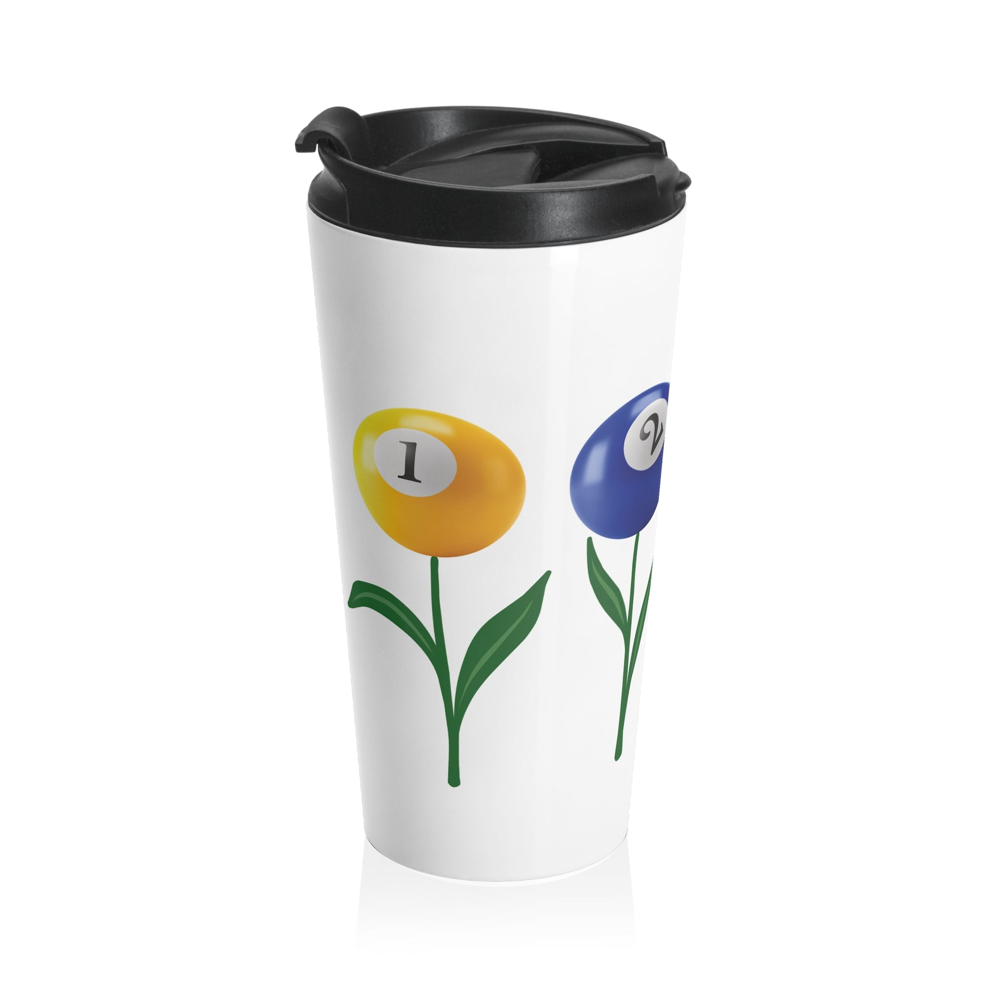 A white travel tumbler with a black lid, featuring an image with four colorful flowers made out of billiards balls with green stems, on a white background