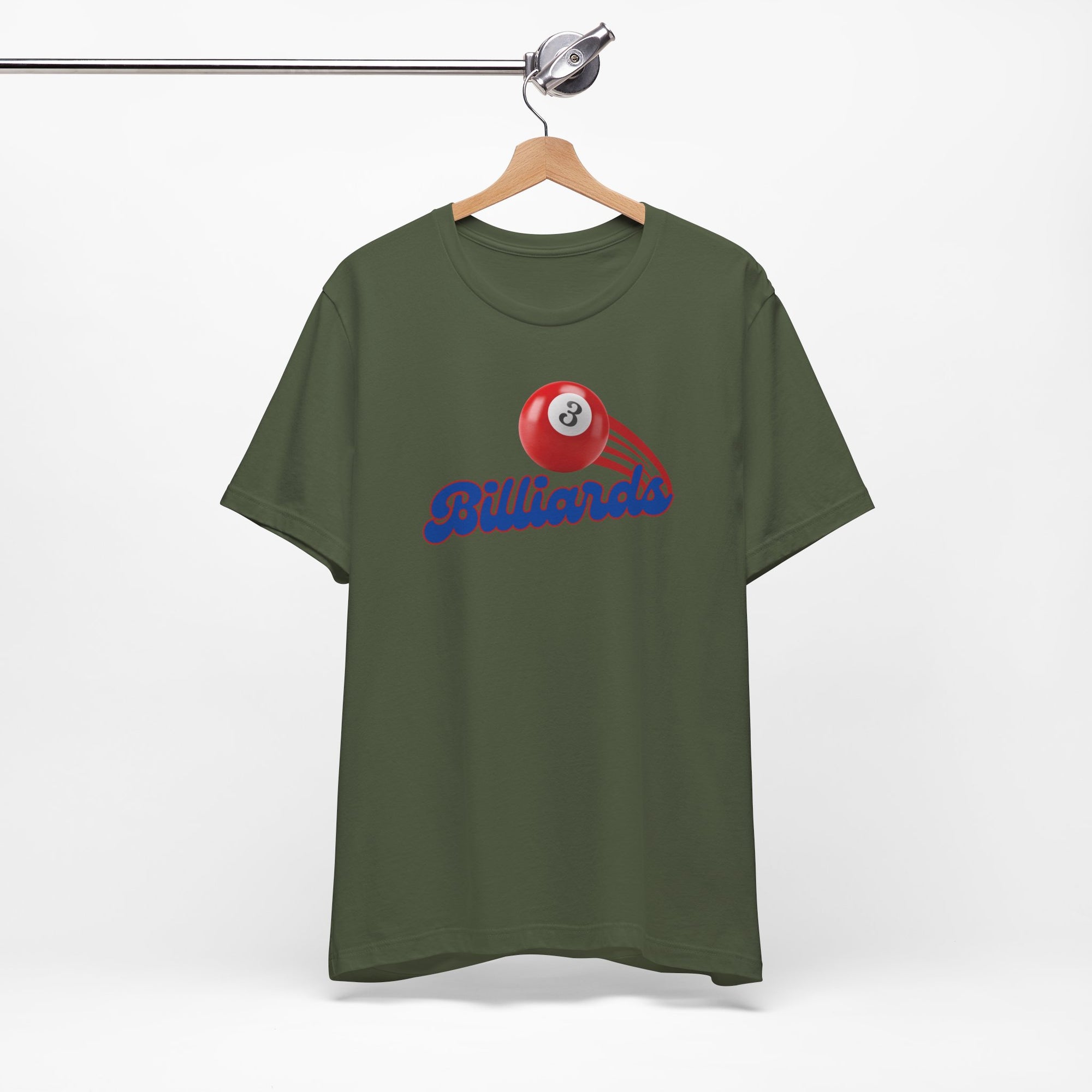 Military green t-shirt with billiards ball and text that says "Billiards" on a hanger against a white background