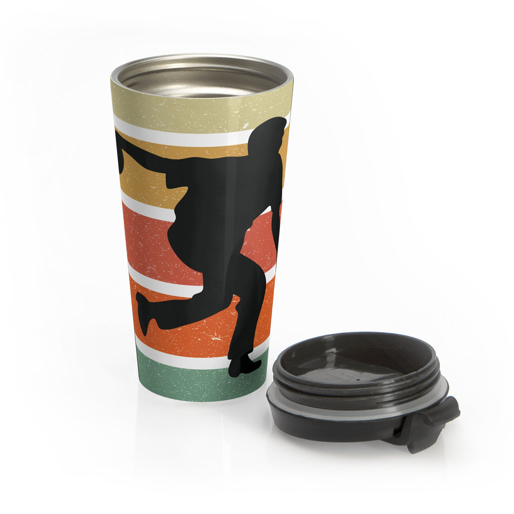 Travel mug with a an image of a silhouette of a bowler over a colorful retro graphic and the sip lid sitting next to the mug, on a white background.