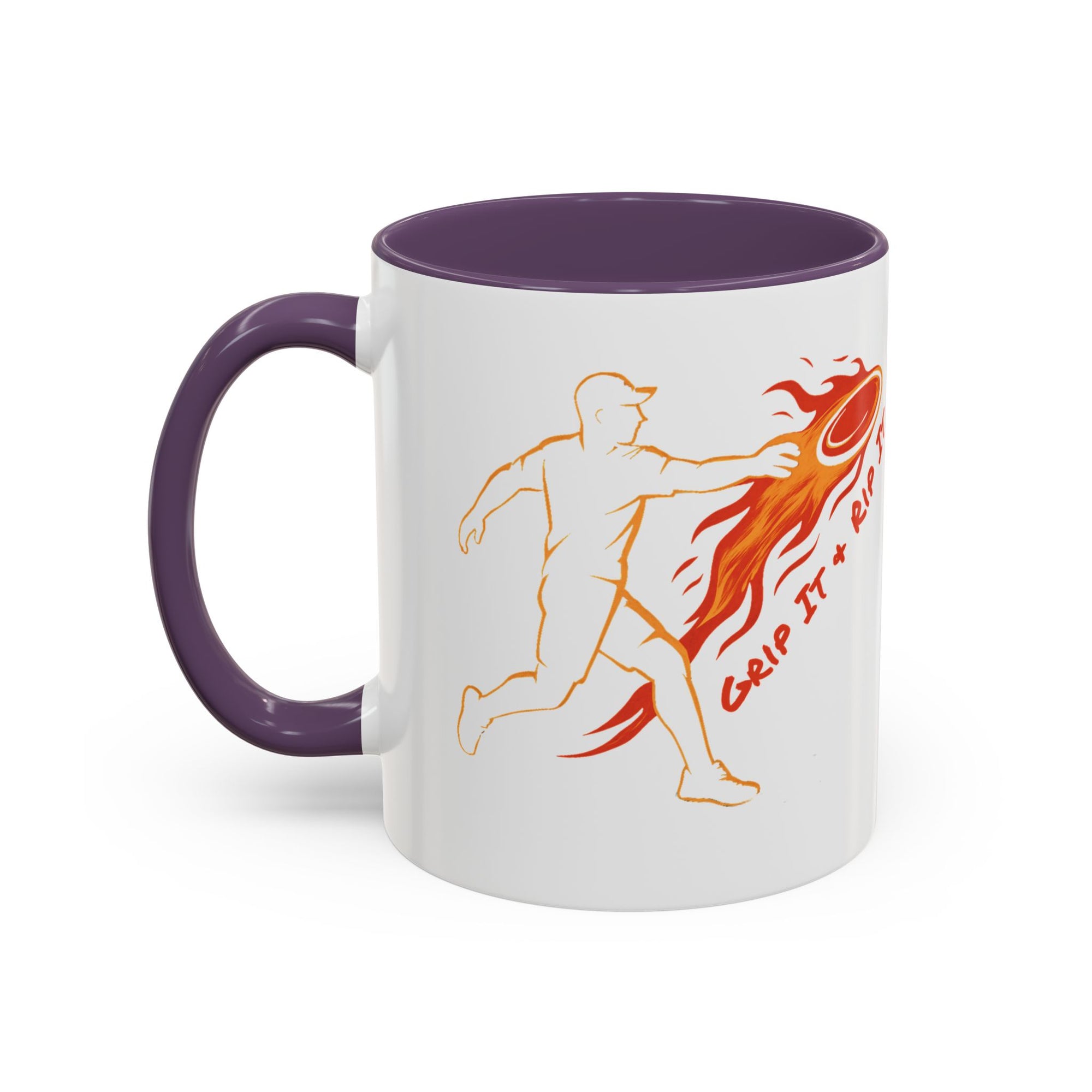 A ceramic coffee mug with purple accents on the handle and interior, featuring a graphic design of a person throwing a disc golf disc with flames coming off the disc and text 'Grip It or Rip It' against a white background.