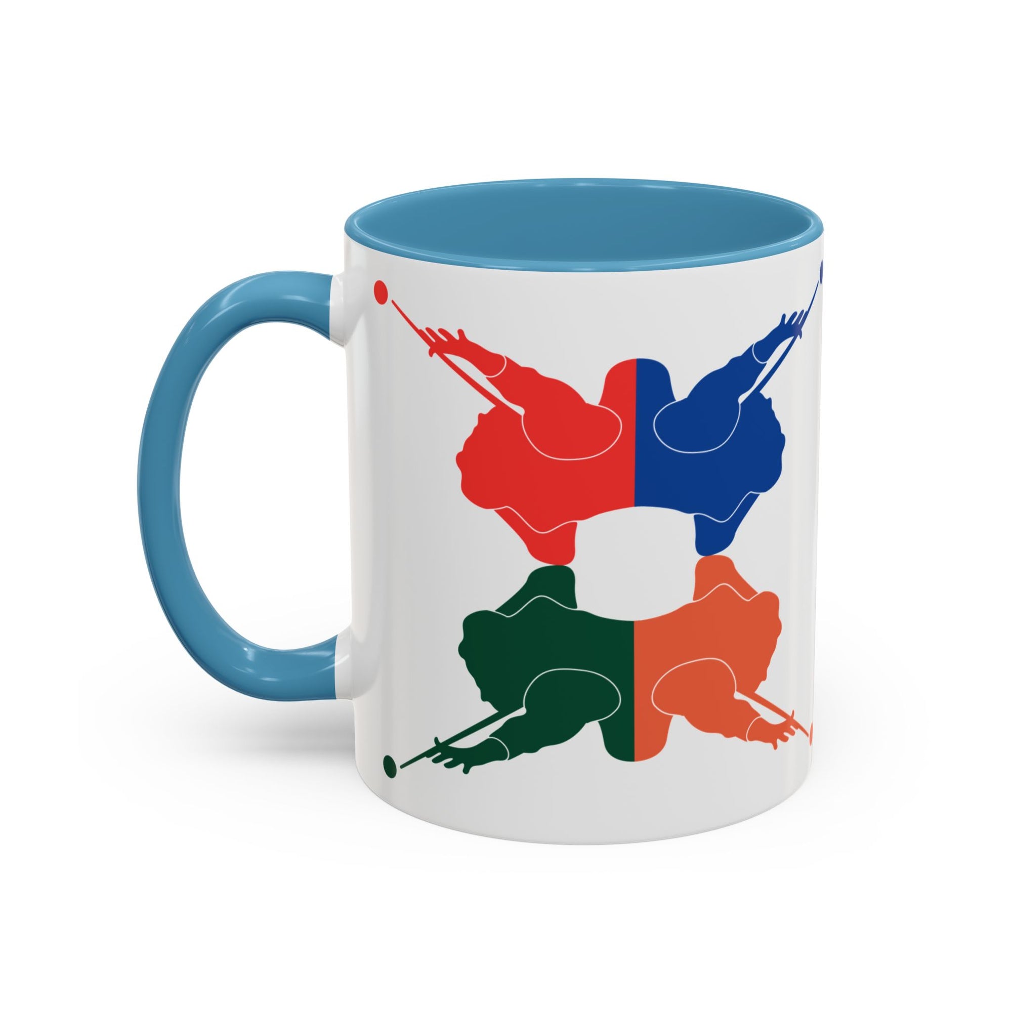 A white ceramic coffee mug with light blue accents on the handle and interior, with colorful graphic of 4 billiards player silhouettes in a pop art style, against a white background