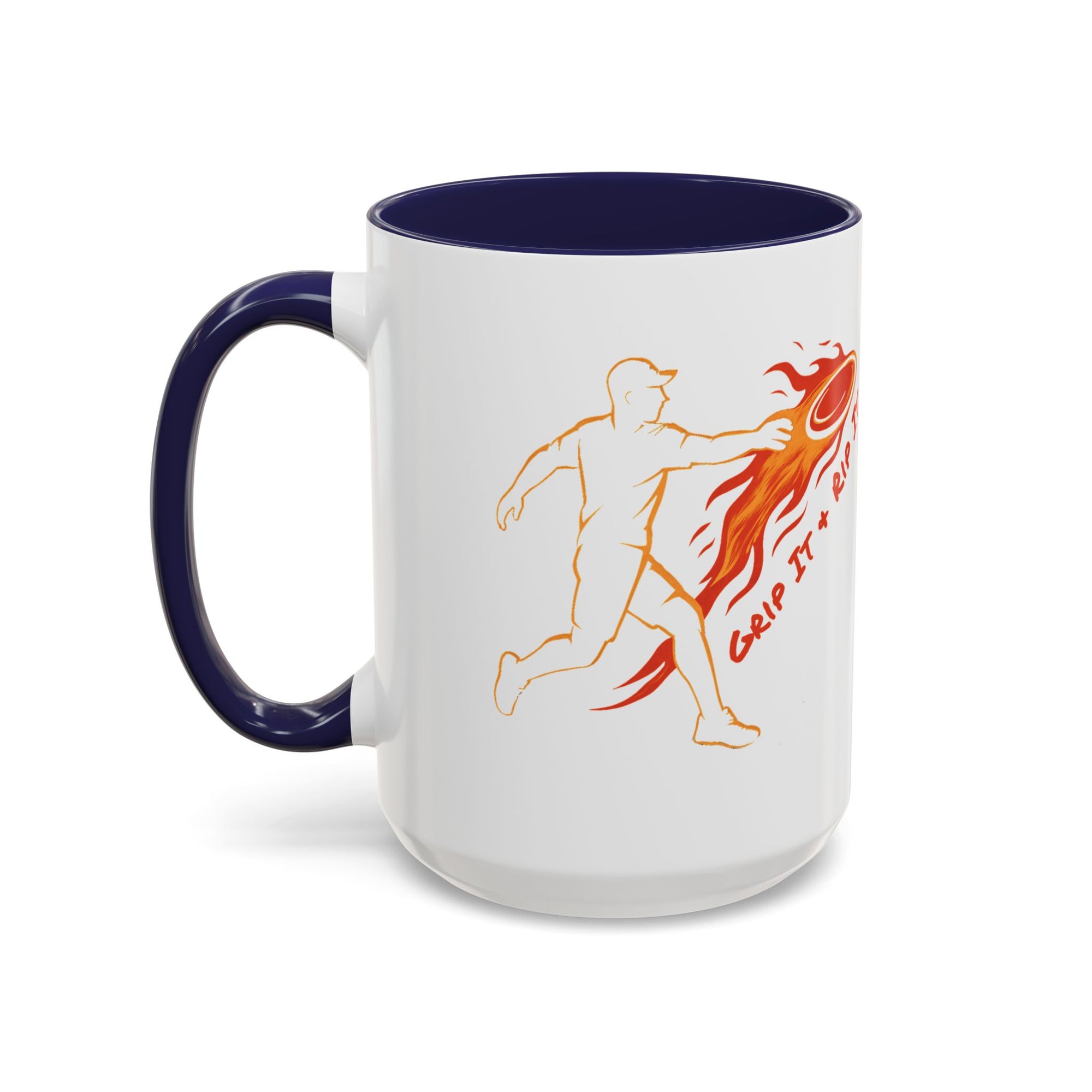 A ceramic coffee mug with dark blue accents on the handle and interior, featuring a graphic design of a person throwing a disc golf disc with flames coming off the disc and text 'Grip It or Rip It' against a white background.