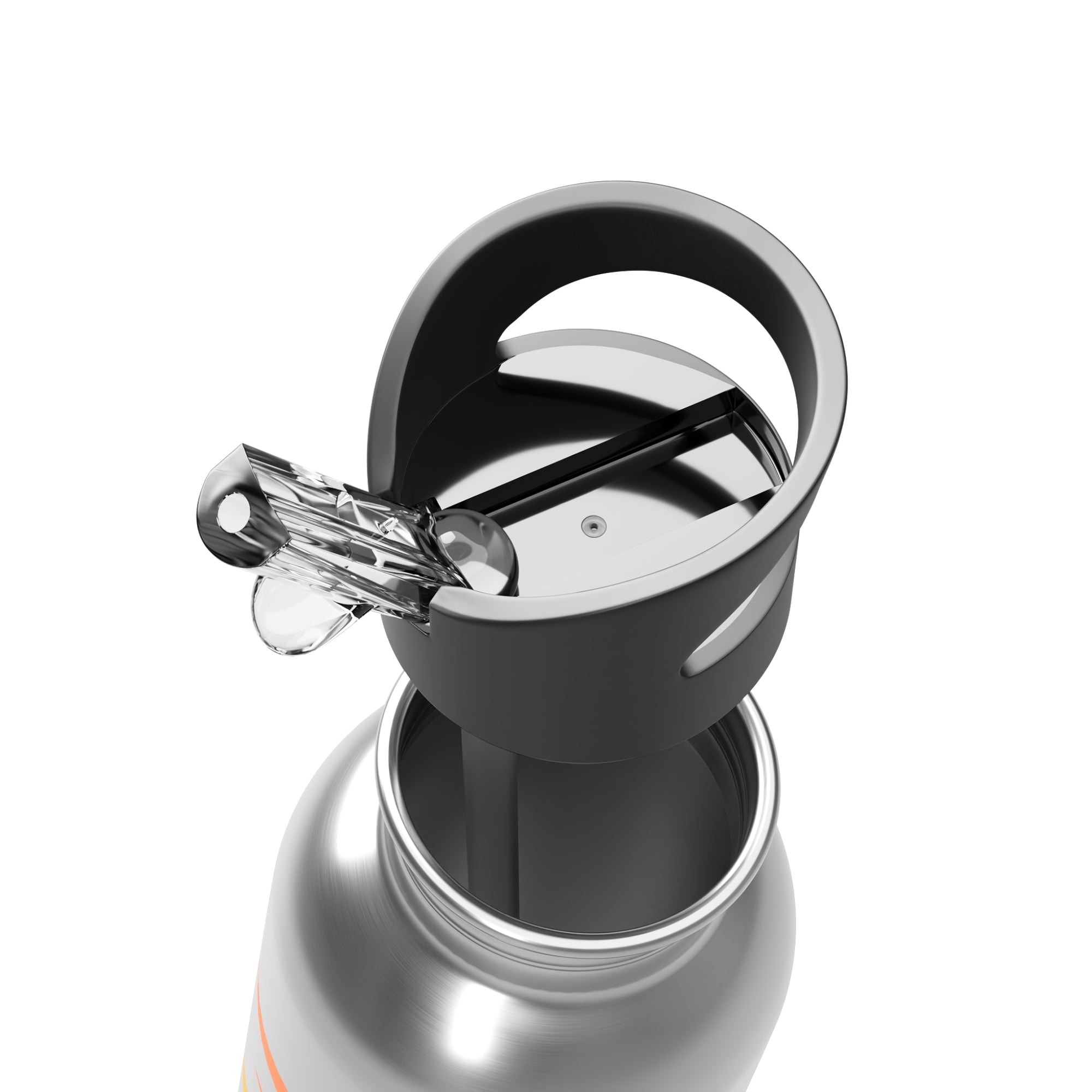Close-up of a silver water bottle with a black cap on a white background
