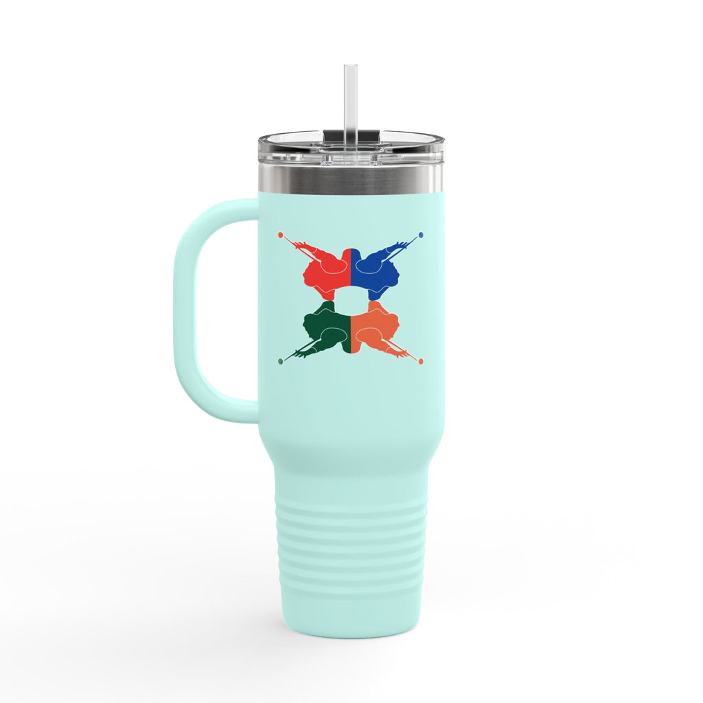 A teal 40oz travel mug with lid and straw, with colorful graphic of 4 billiards player silhouettes in a pop art style, against a white background