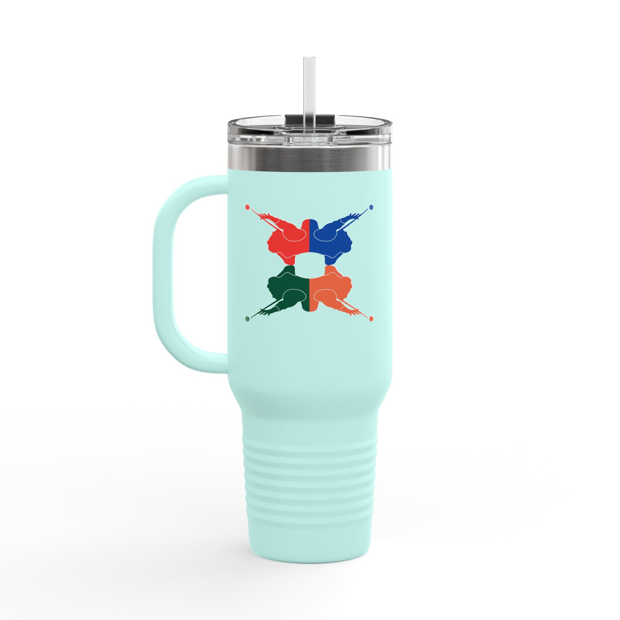A teal 40oz travel mug with lid and straw, with colorful graphic of 4 billiards player silhouettes in a pop art style, against a white background