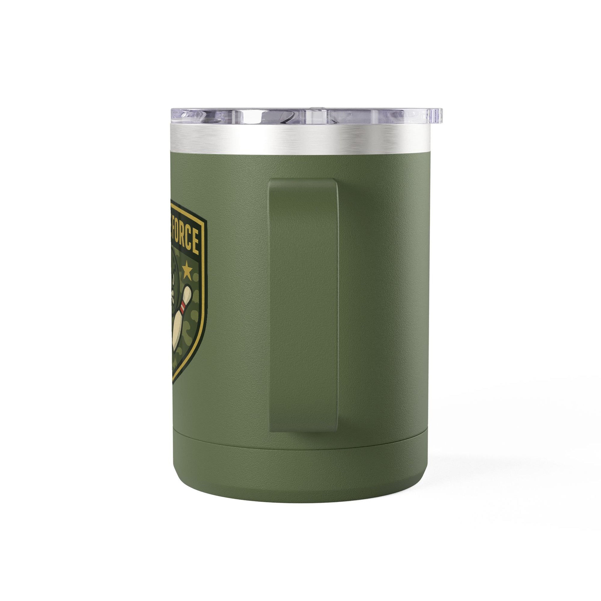Side view of a military green travel coffee tumbler with handle and lid, with bowling 'Strike Force' military-style patch on a white background
