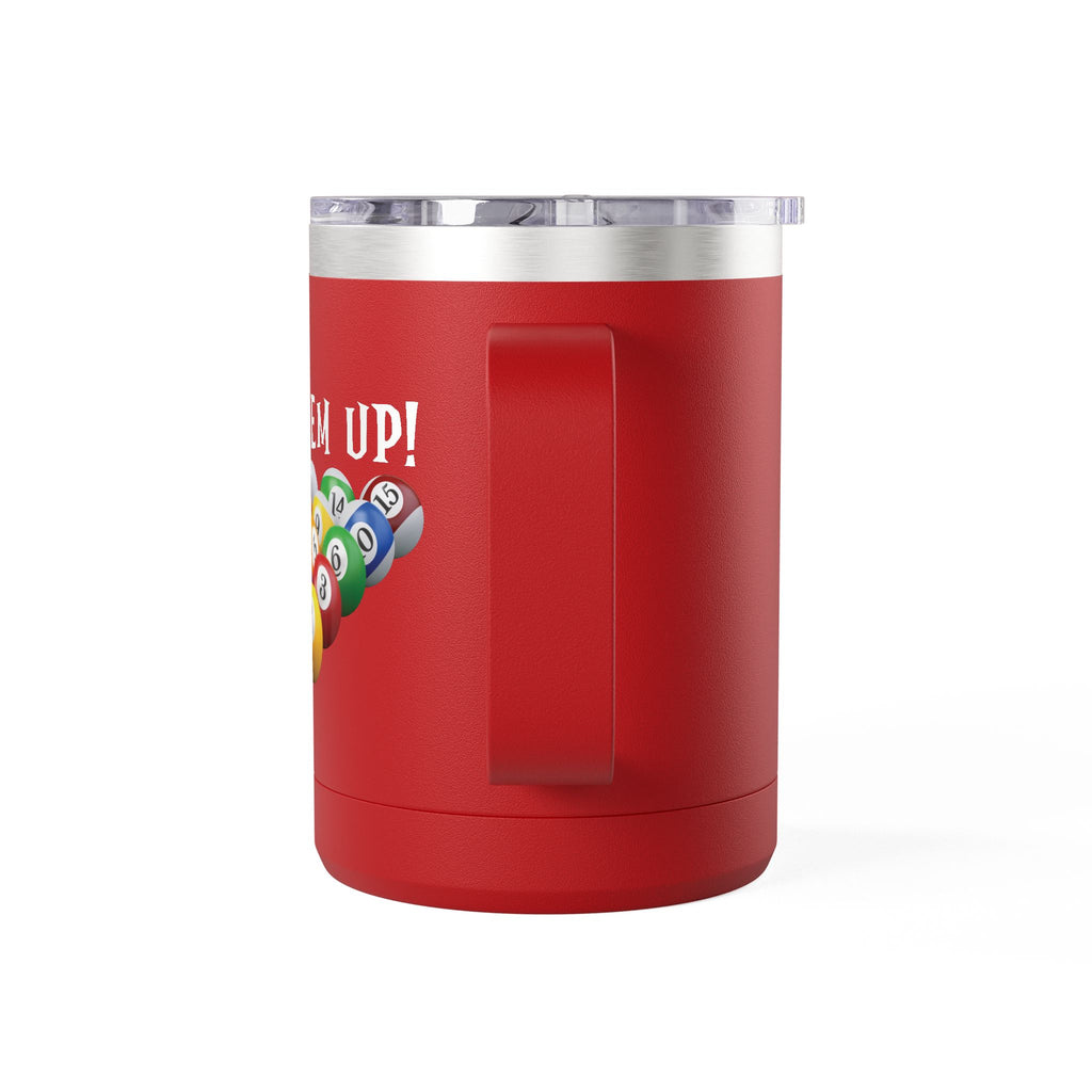 Side view of the handle of a red travel mug tumbler with handle and lid, with a pool ball design and 'Rack 'Em Up!' text on a white background