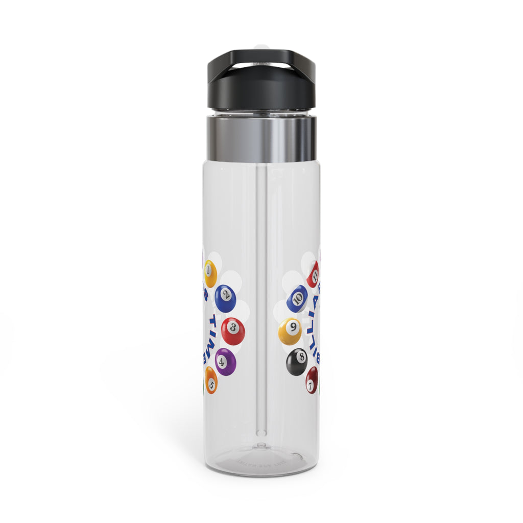 A clear water bottle with lid, with the text "Billiards Time" surrounded by a clock made up of colorful billiard balls and cue sticks, on a white background