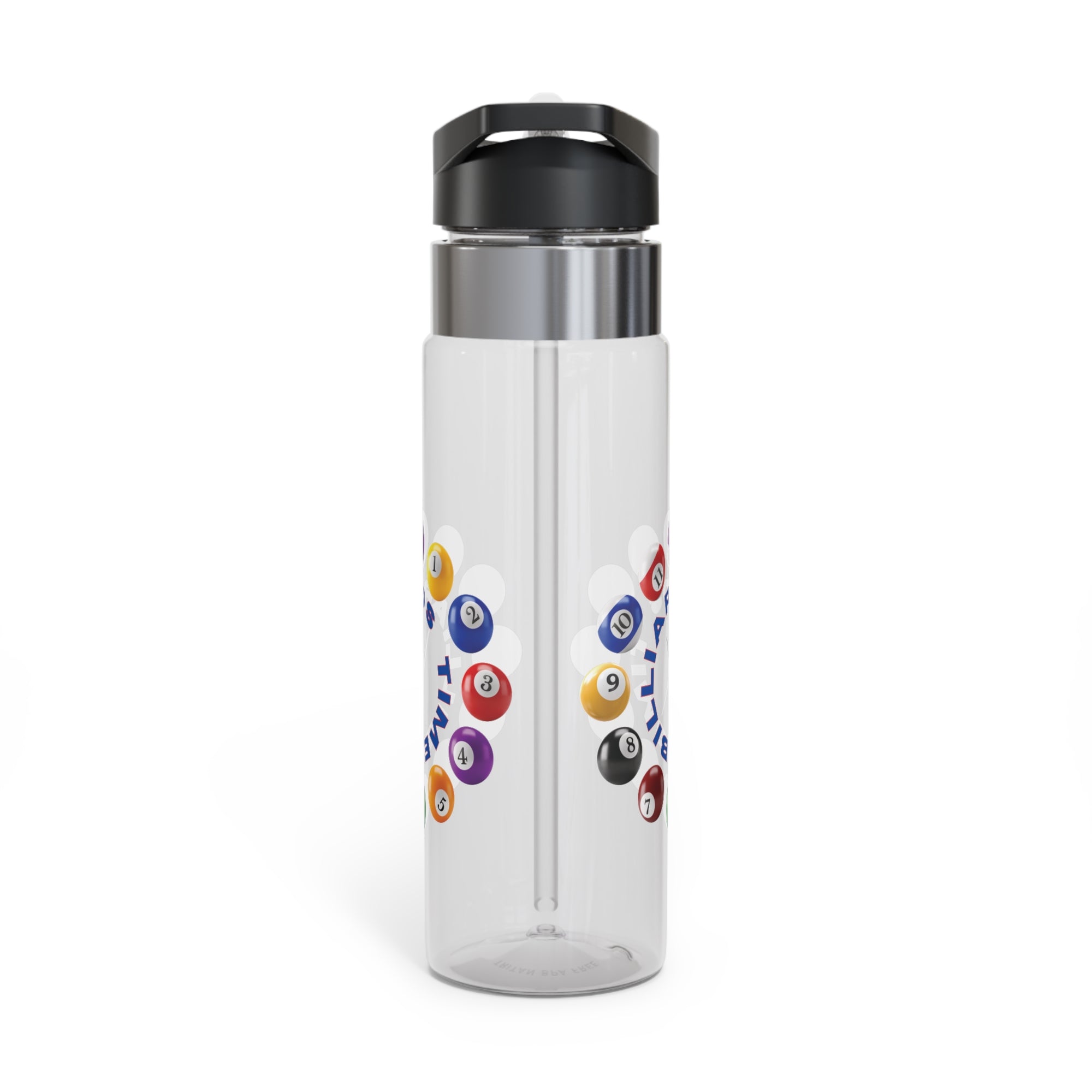 A clear water bottle with lid, with the text "Billiards Time" surrounded by a clock made up of colorful billiard balls and cue sticks, on a white background