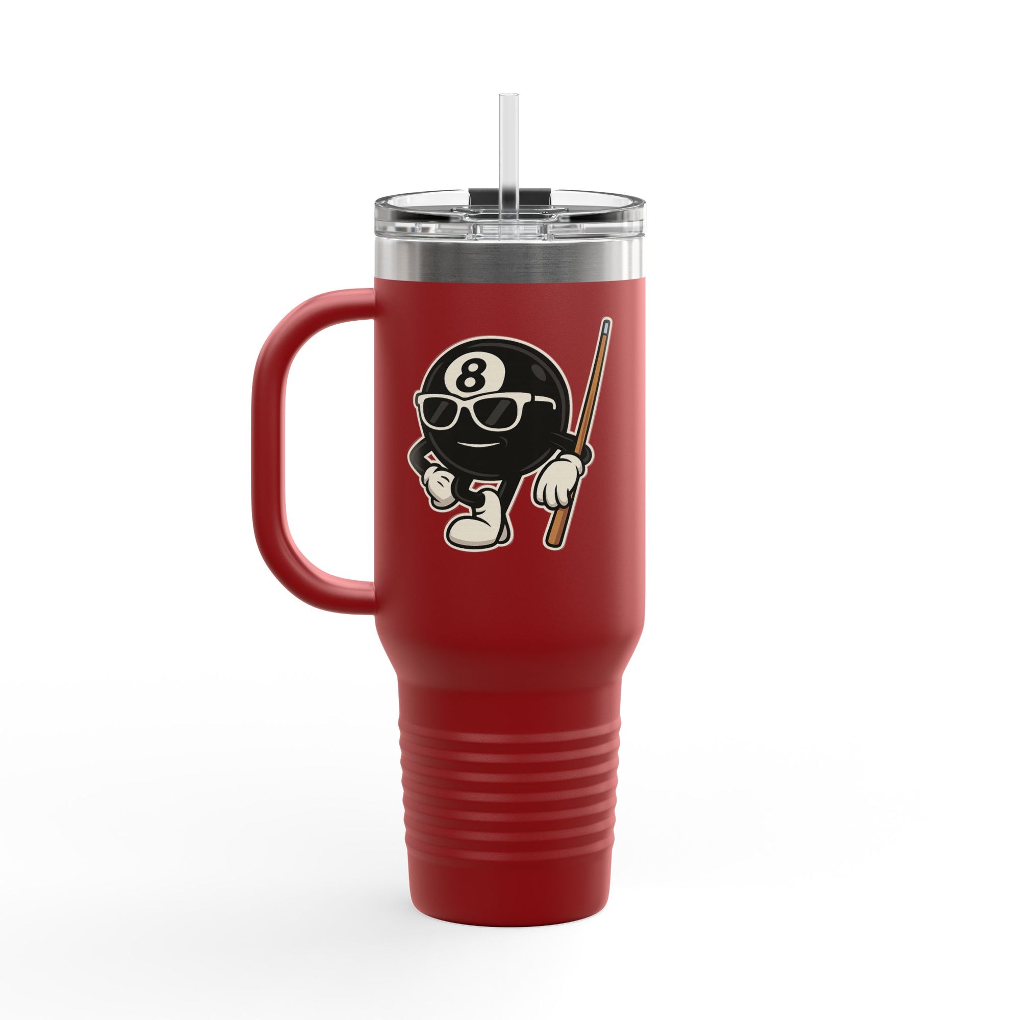 A red 40oz travel tumbler with lid and straw featuring a graphic of a cartoon billiards 8 ball with arms and legs and wearing sunglasses and leaning on a cue stick, on a white background