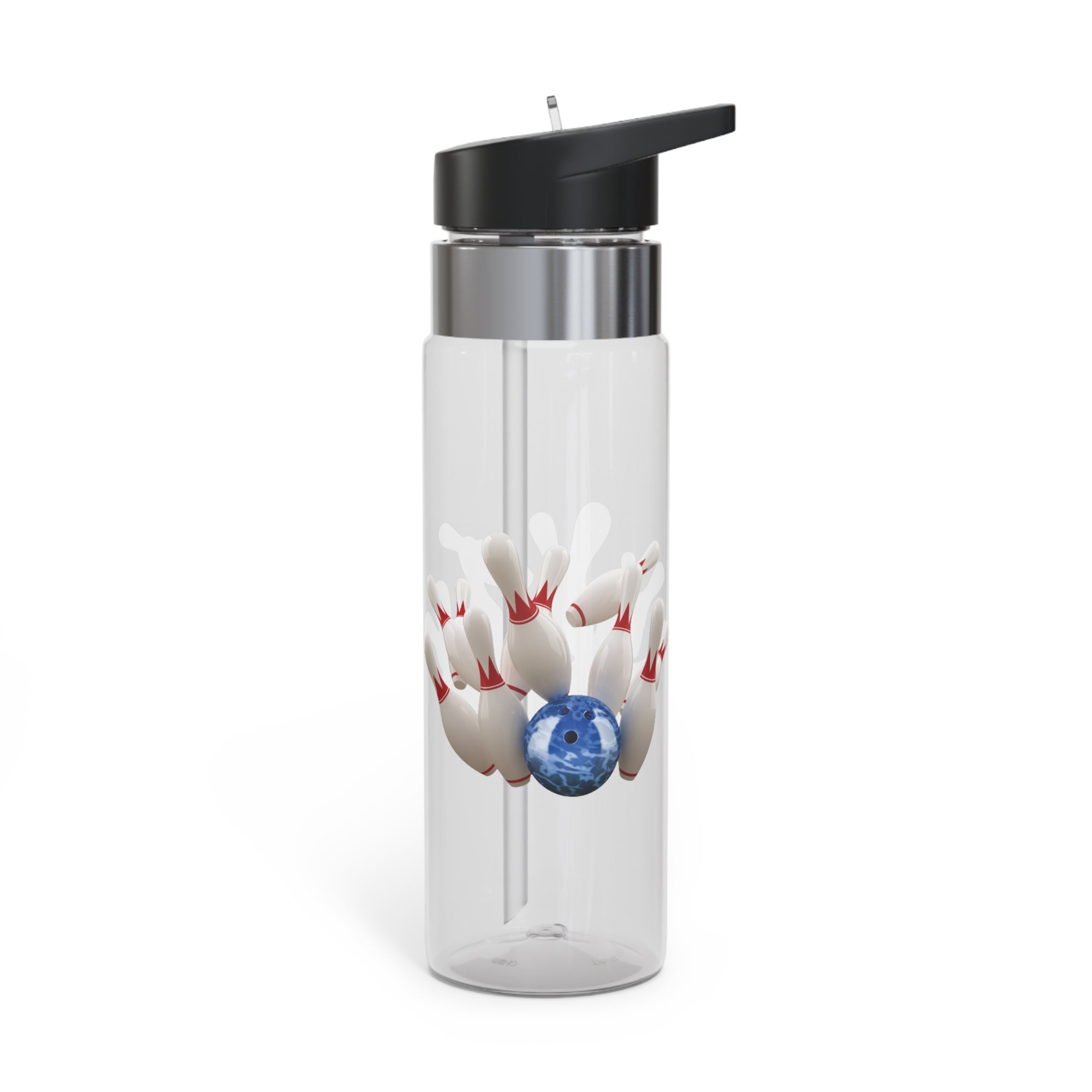 A clear water bottle with black lid, with a graphic of a blue bowling ball knocking over bowling pins, on a white background
