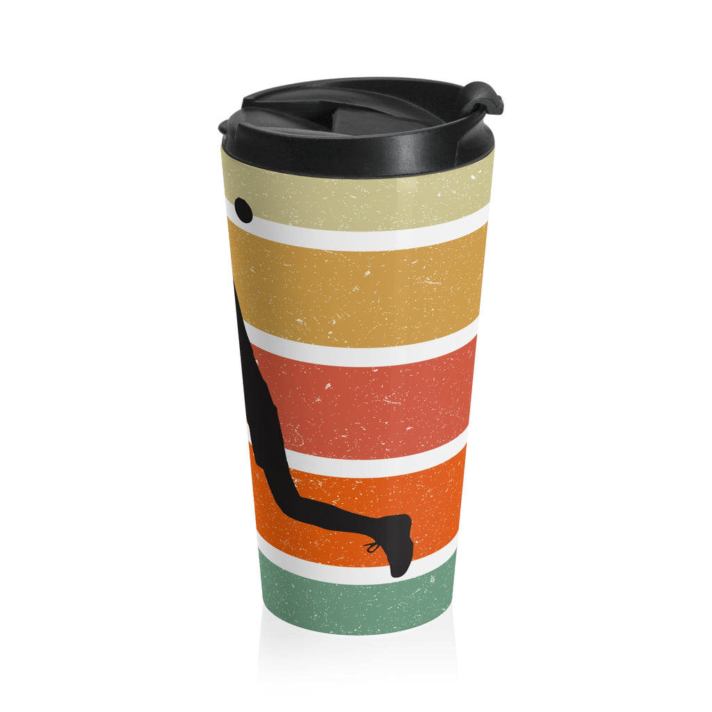 Travel mug with a silhouette design of a person playing pickleball on a retro colorful background