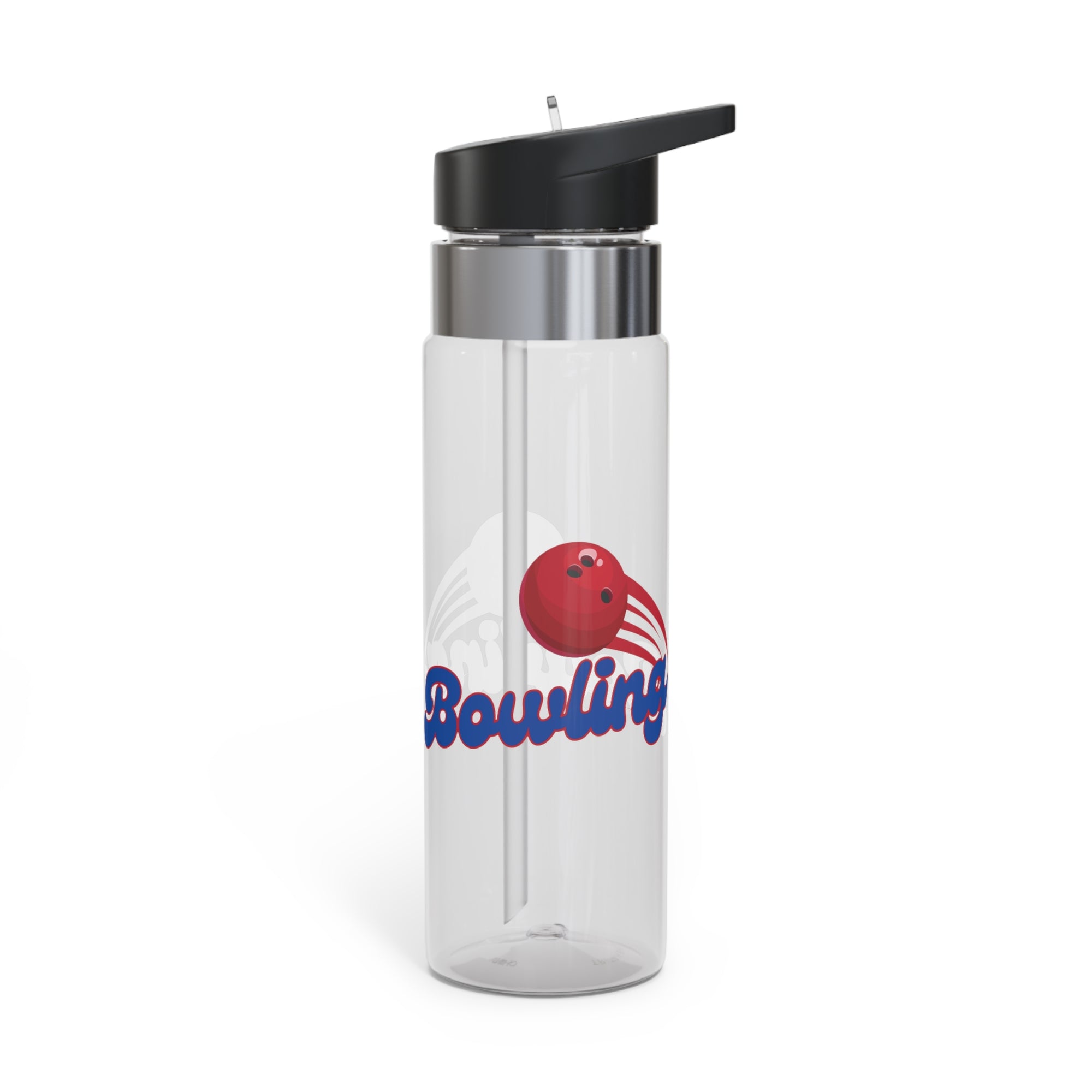 A clear water bottle with black lid, with a red bowling ball graphic and 'Bowling' text on a white background