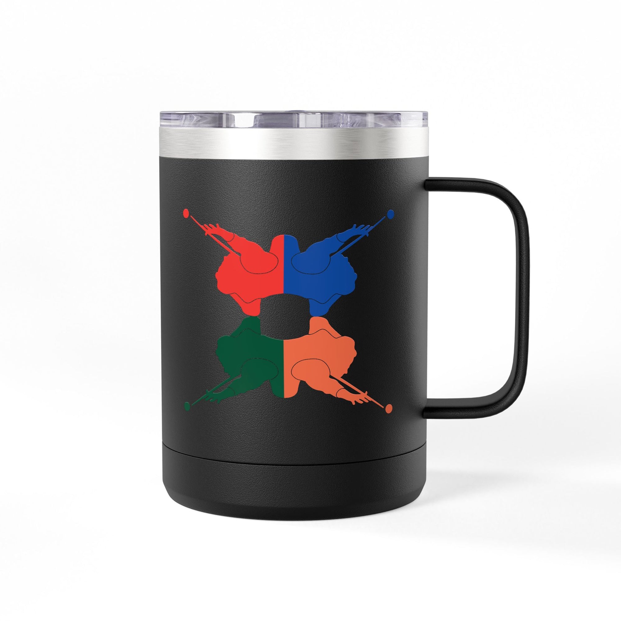 Black travel mug tumbler with handle and lid, with colorful graphic of 4 billiards player silhouettes in a pop art style, against a white background