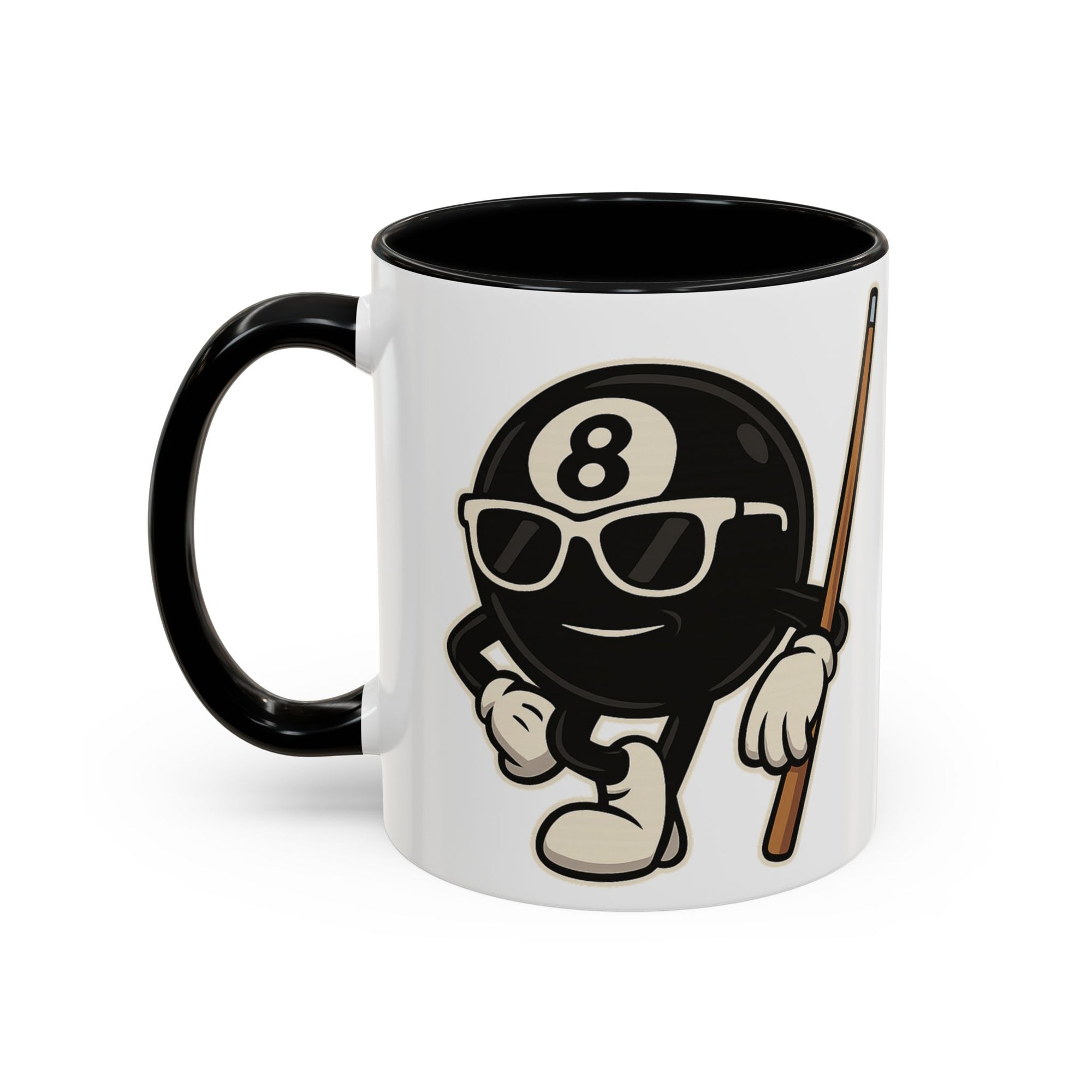 A white ceramic coffee mug with black accents on the handle and interior, with a graphic of a cartoon billiards 8 ball with arms and legs and wearing sunglasses and leaning on a cue stick, on a white background