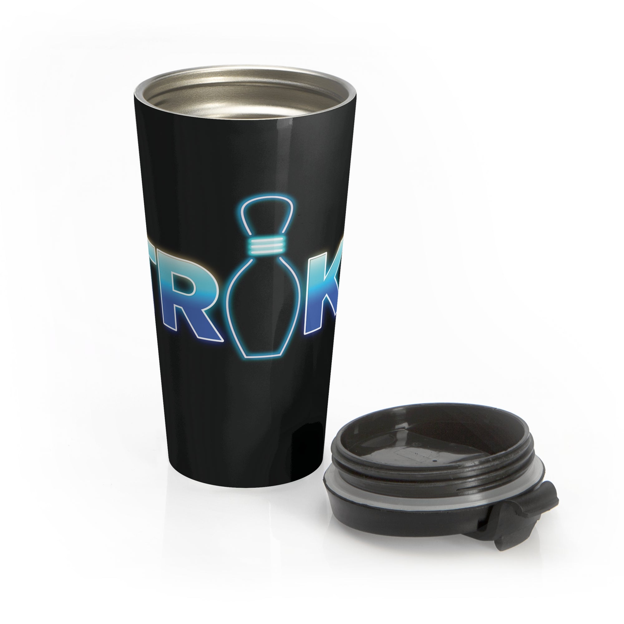 Black travel coffee mug with black lid next to the mug, with 'STRIKE!' with the "I" replaced by a bowling pin, on a white background