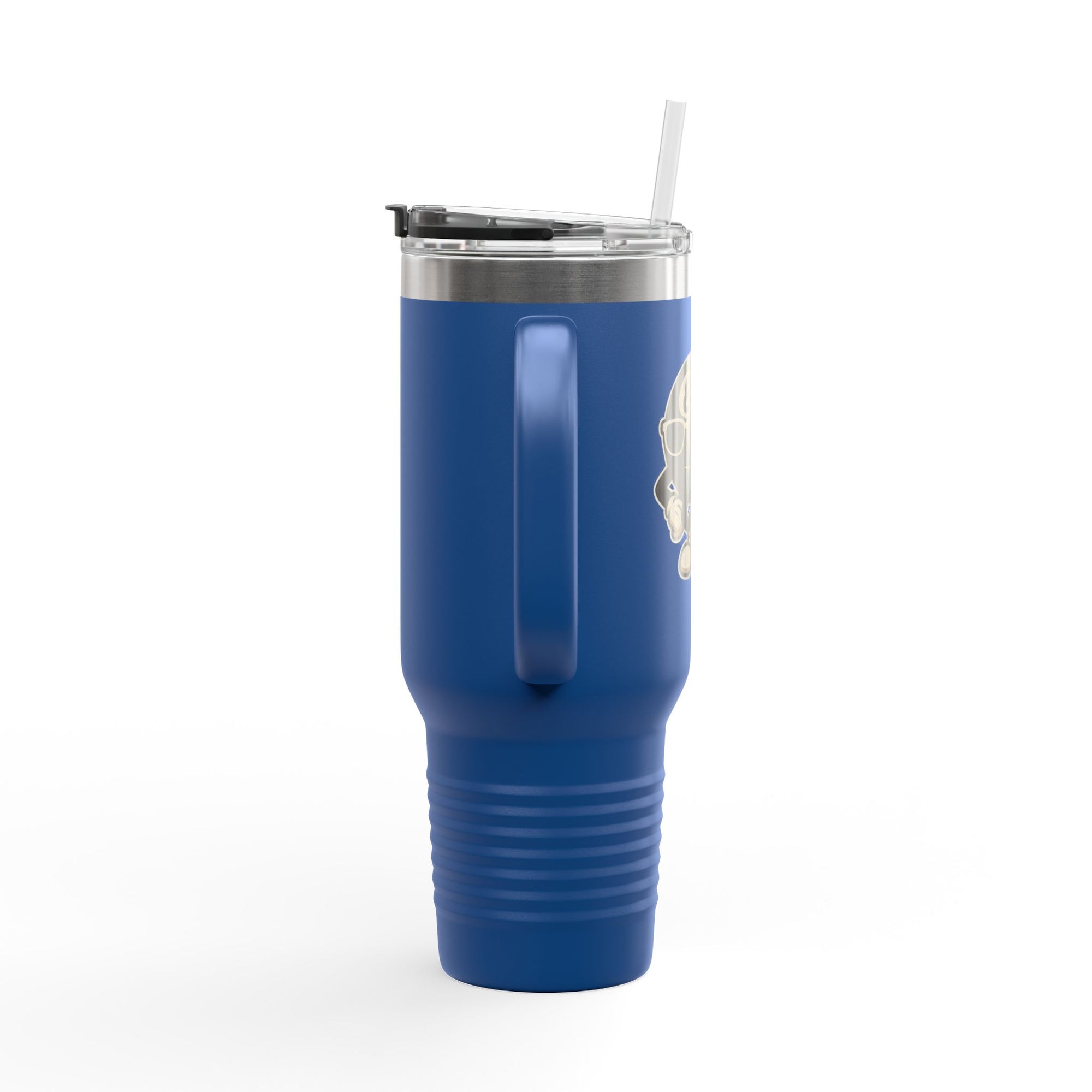 The side view of a blue 40oz travel tumbler with lid and straw featuring a graphic of a cartoon billiards 8 ball with arms and legs and wearing sunglasses and leaning on a cue stick, on a white background