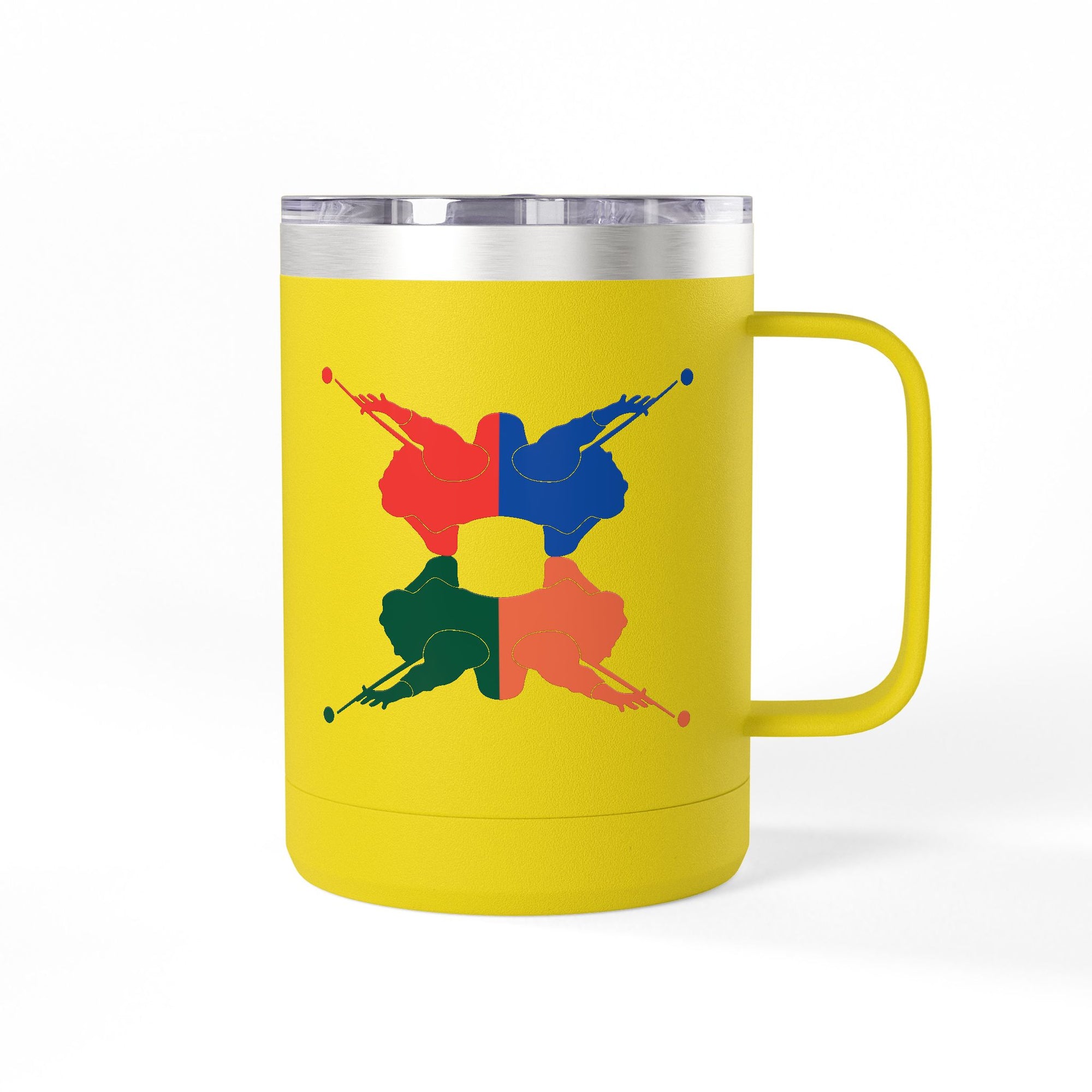 Yellow travel mug tumbler with handle and lid, with colorful graphic of 4 billiards player silhouettes in a pop art style, against a white background