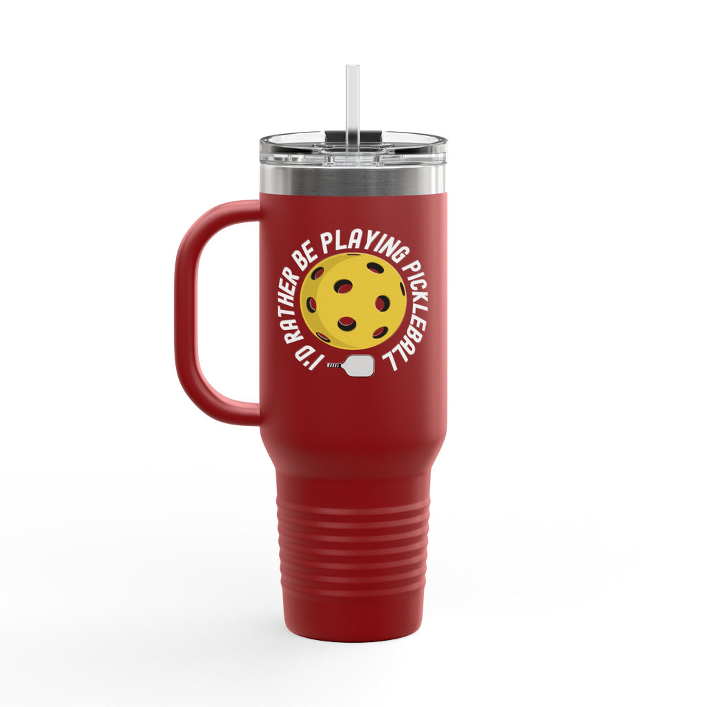Red 40oz travel mug with pickleball graphic and the text "I'd Rather Be Playing Pickleball" on a white background