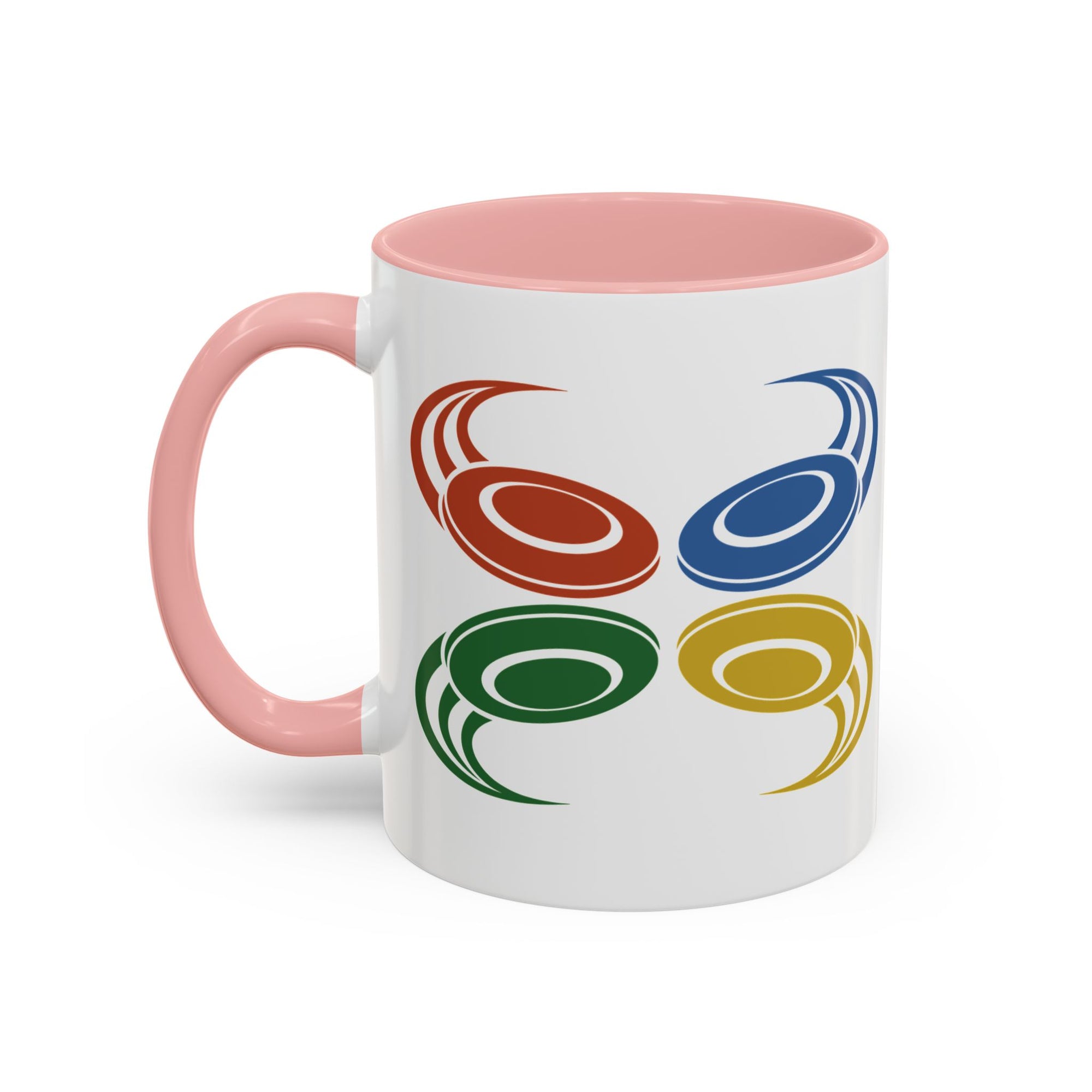 A ceramic mug with pink accents on the handle and interior, featuring a graphic of four colorful disc golf discs