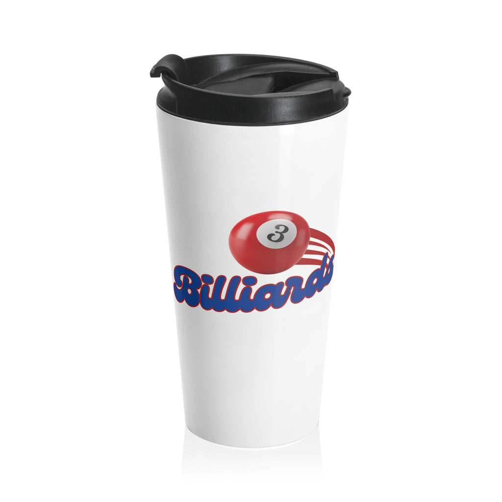 White coffee tumbler with black lid, with billiards ball and text that says "Billiards" against a white background