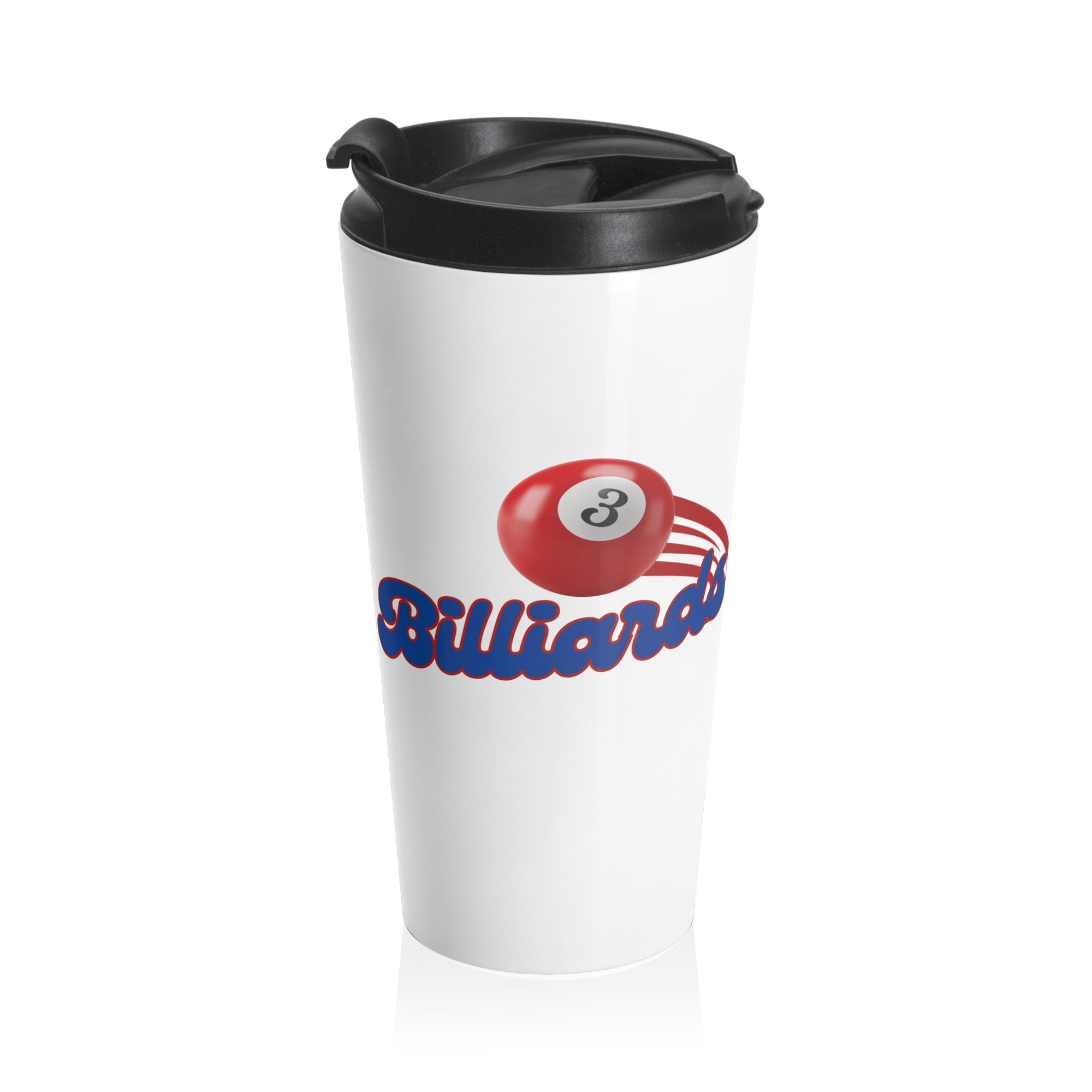 White coffee tumbler with black lid, with billiards ball and text that says "Billiards" against a white background
