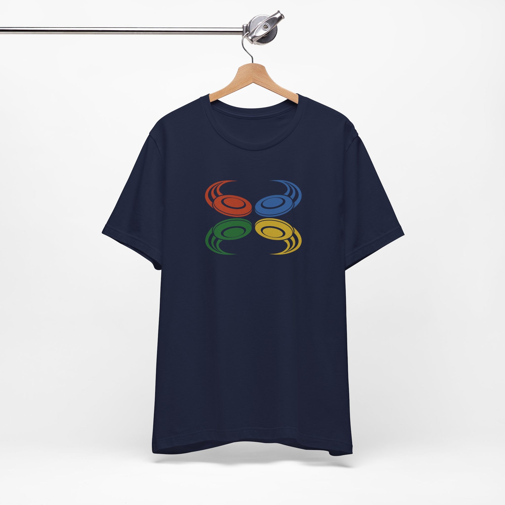 Navy blue t-shirt with colorful graphic of flying disc golf discs, on a hanger against a white background