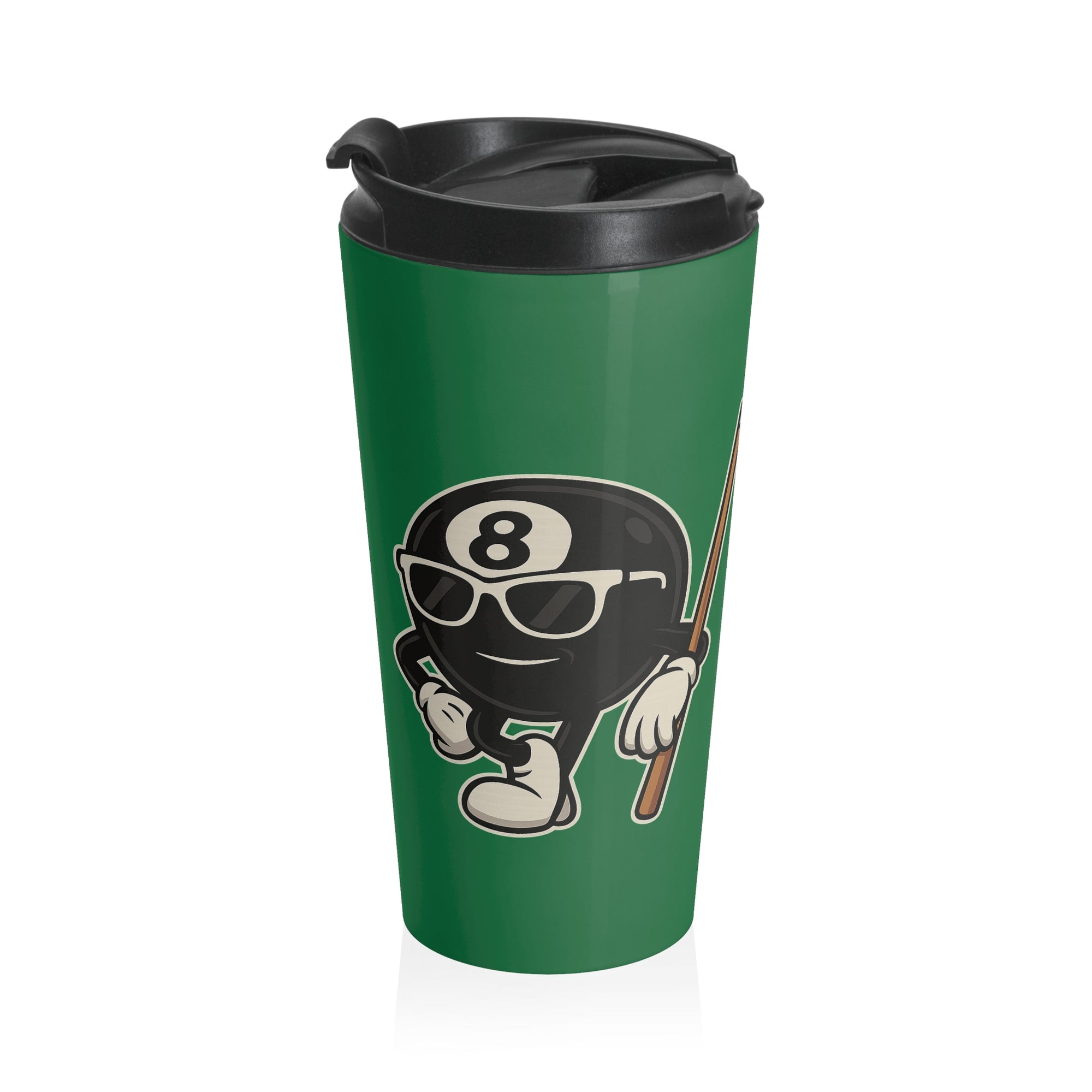 A green travel mug with a black lid with a graphic of a cartoon billiards 8 ball with arms and legs and wearing sunglasses and leaning on a cue stick, on a white background