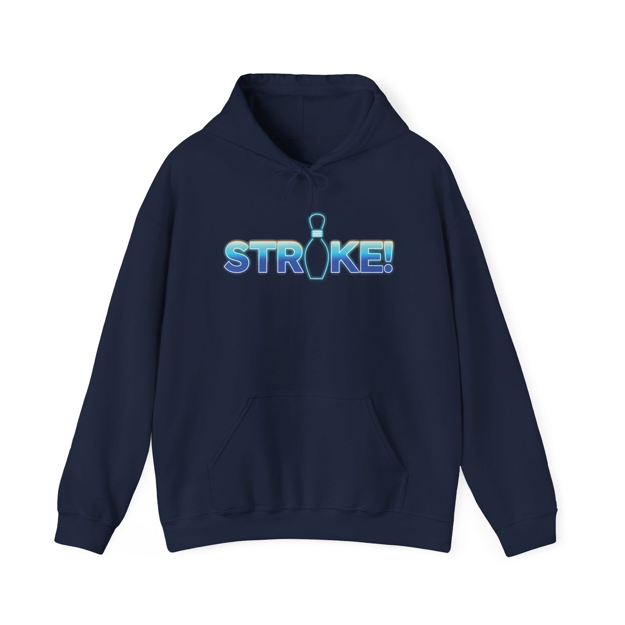 Navy blue bowling hoodie with 'STRIKE!' with the "I" replaced by a bowling pin, on a white background 