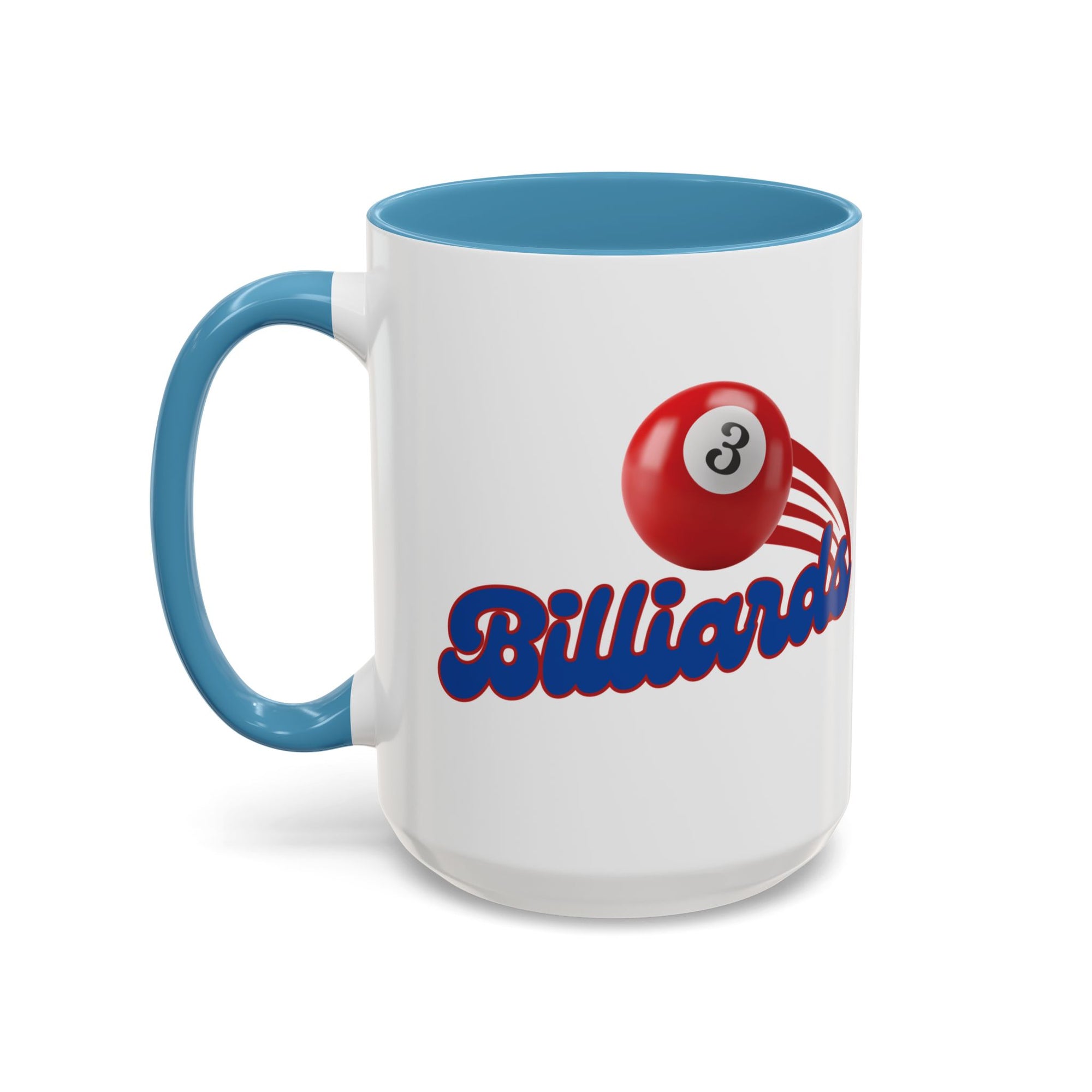 A white ceramic coffee mug with light blue accents on the handle and interior, with billiards ball and text that says "Billiards" against a white background 