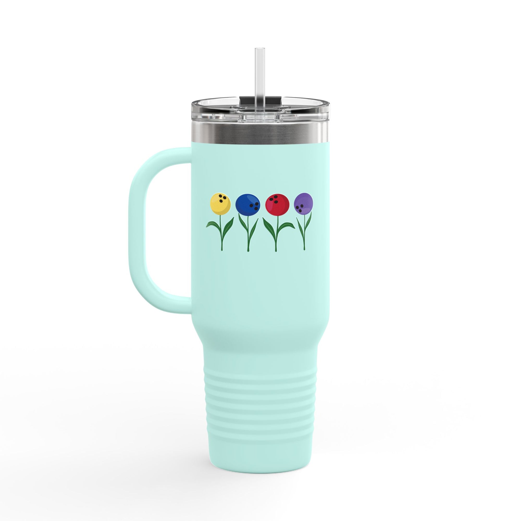 A teal 40oz travel mug tumbler with lid, handle and straw, with colorful flowers made out of bowling balls, on a white background