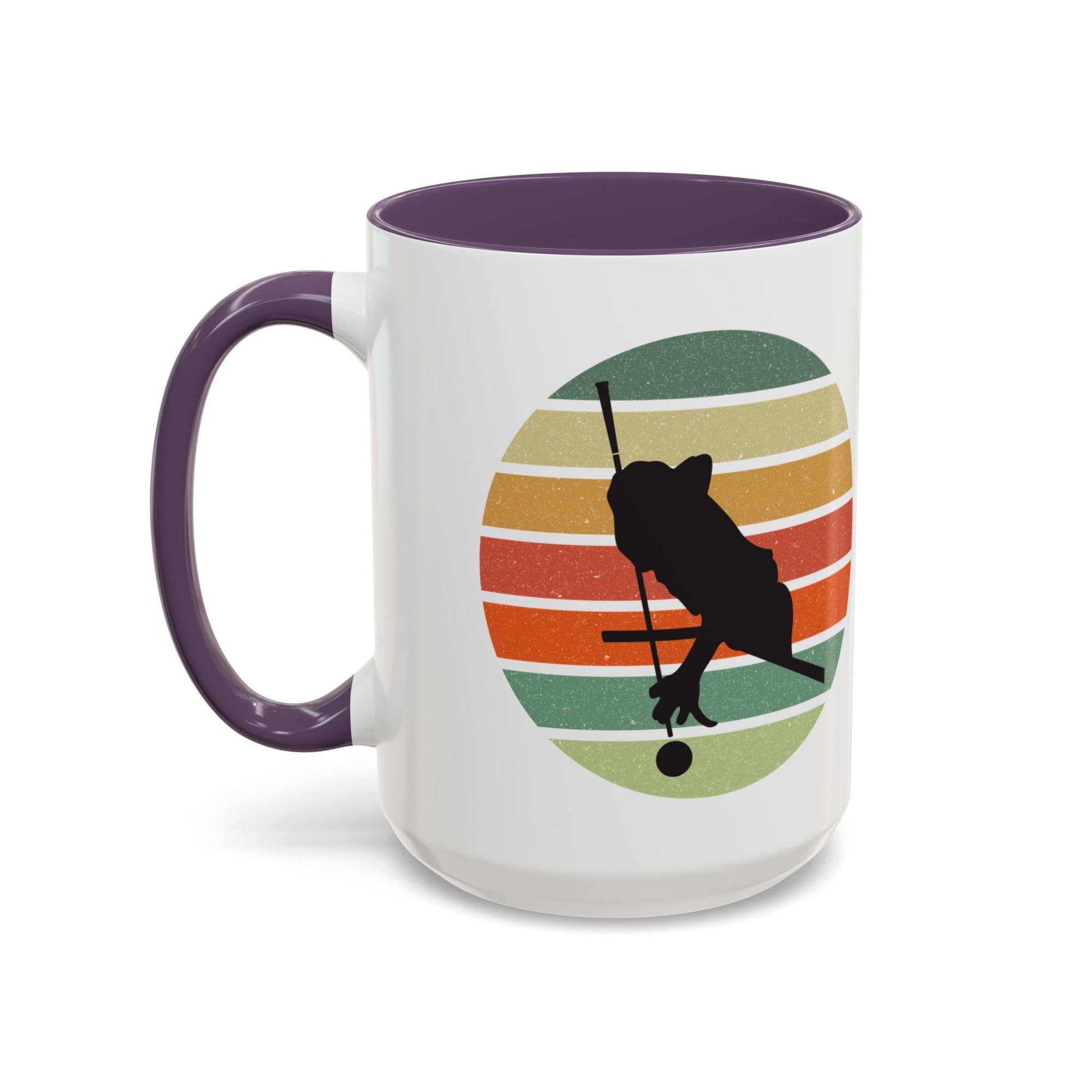 Mug with purple accents and a graphic of a billiards player silhouette over a colorful retro design on a white background.
