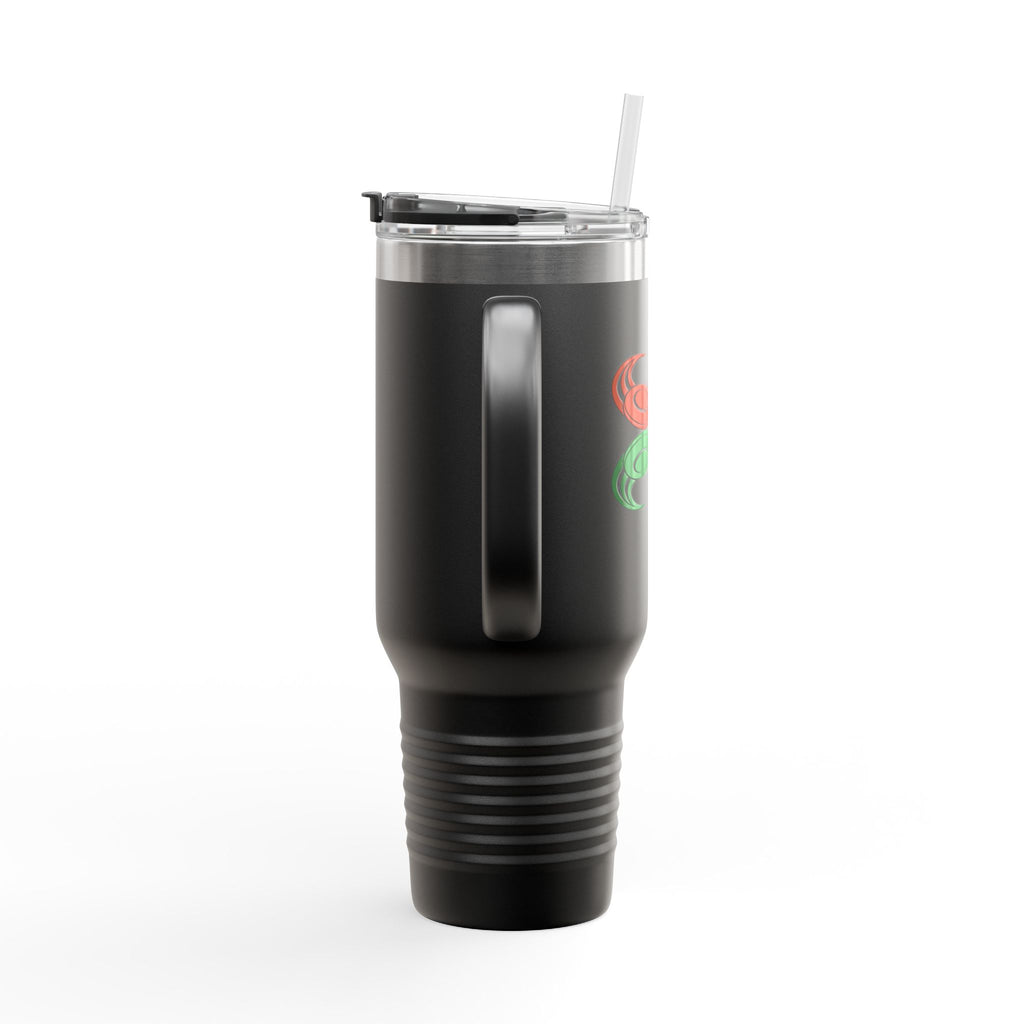 Side view of a black travel tumbler with handle, lid, and straw featuring a colorful graphic of flying disc golf discs, against a white background