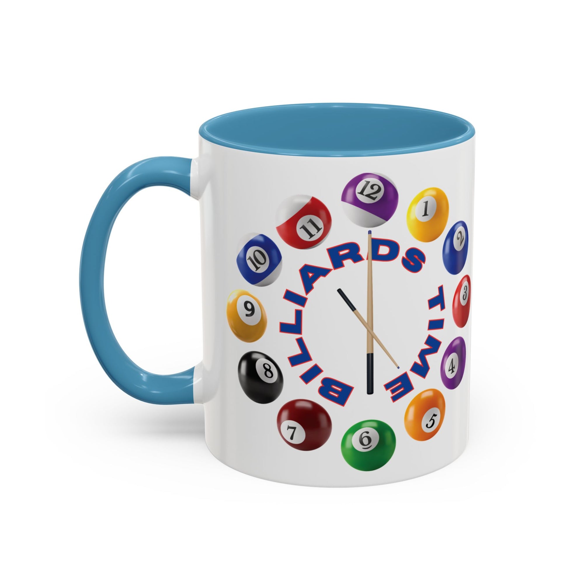 A white ceramic coffee mug with light blue accents on the handle and interior, with the text "Billiards Time" surrounded by a clock made up of colorful billiard balls and cue sticks, on a white background