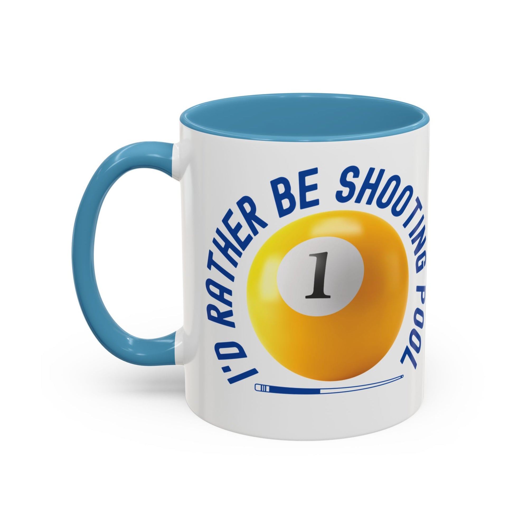 Ceramic coffee mug with light blue accents on the handle and interior, with a yellow billiards ball and cue stick graphic and the text "I'd Rather Be Shooting Pool" on a white background