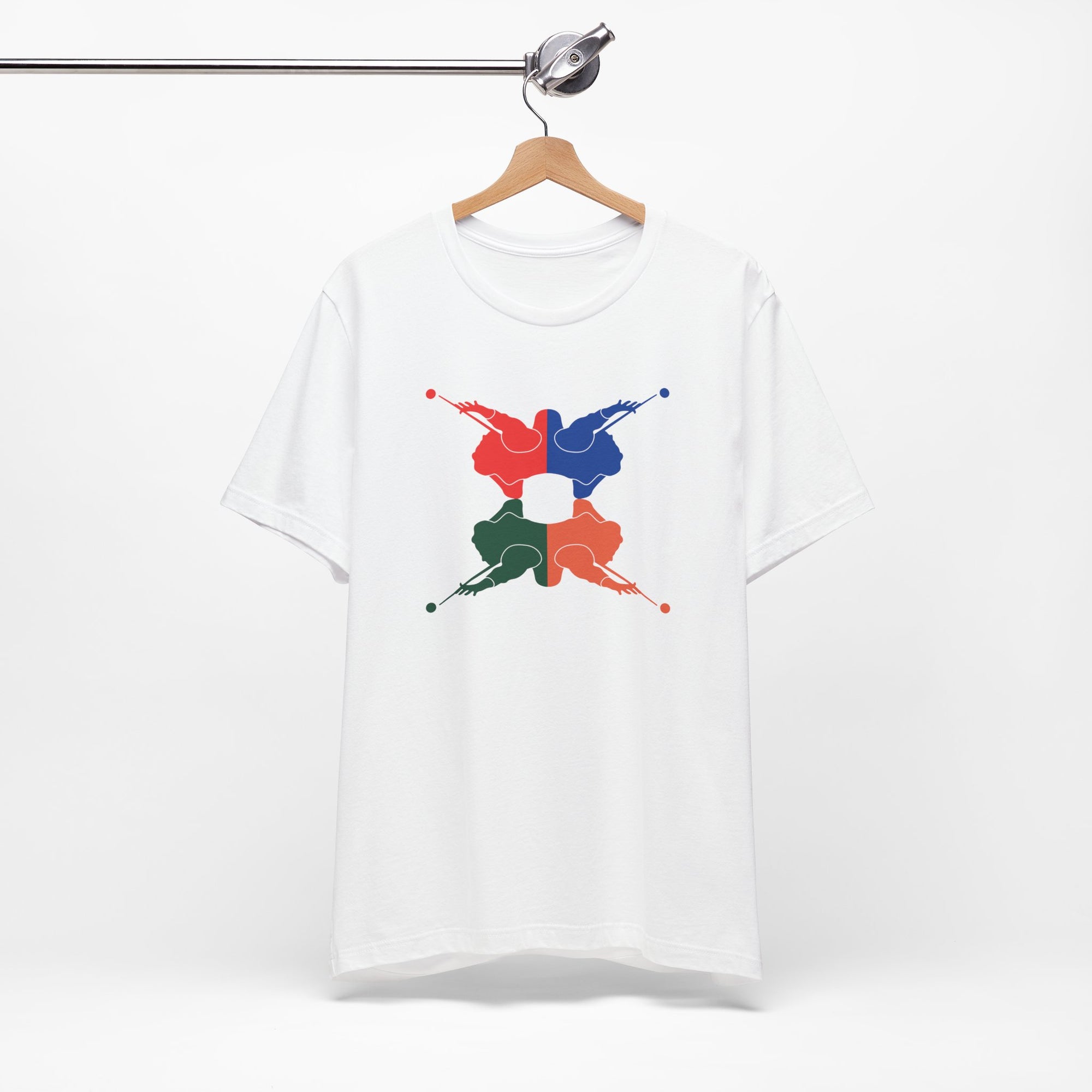 White t-shirt with colorful graphic of 4 billiards player silhouettes in a pop art style, on a hanger against a white background