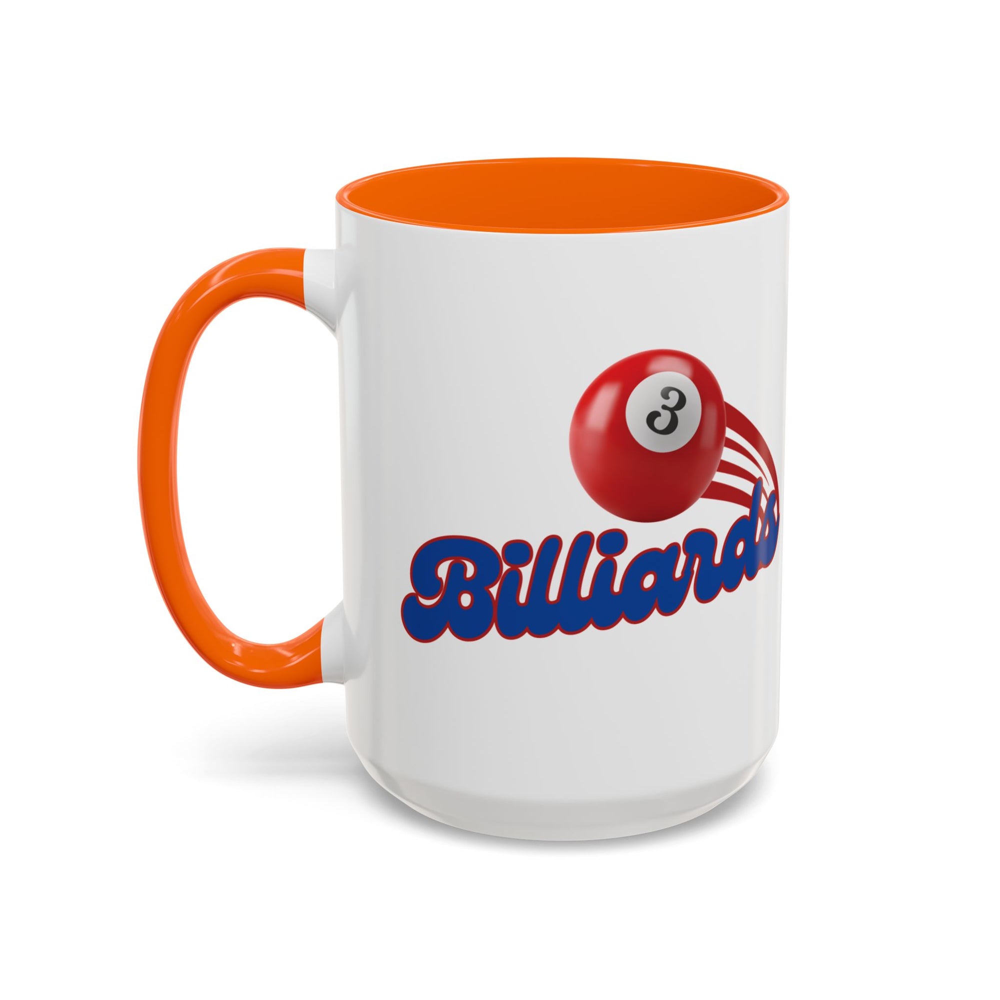 A white ceramic coffee mug with orange accents on the handle and interior, with billiards ball and text that says "Billiards" against a white background 