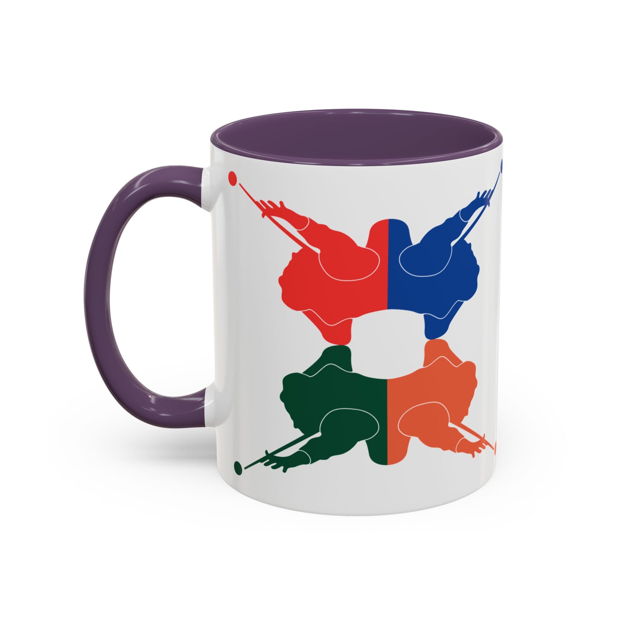 A white ceramic coffee mug with purple accents on the handle and interior, with colorful graphic of 4 billiards player silhouettes in a pop art style, against a white background