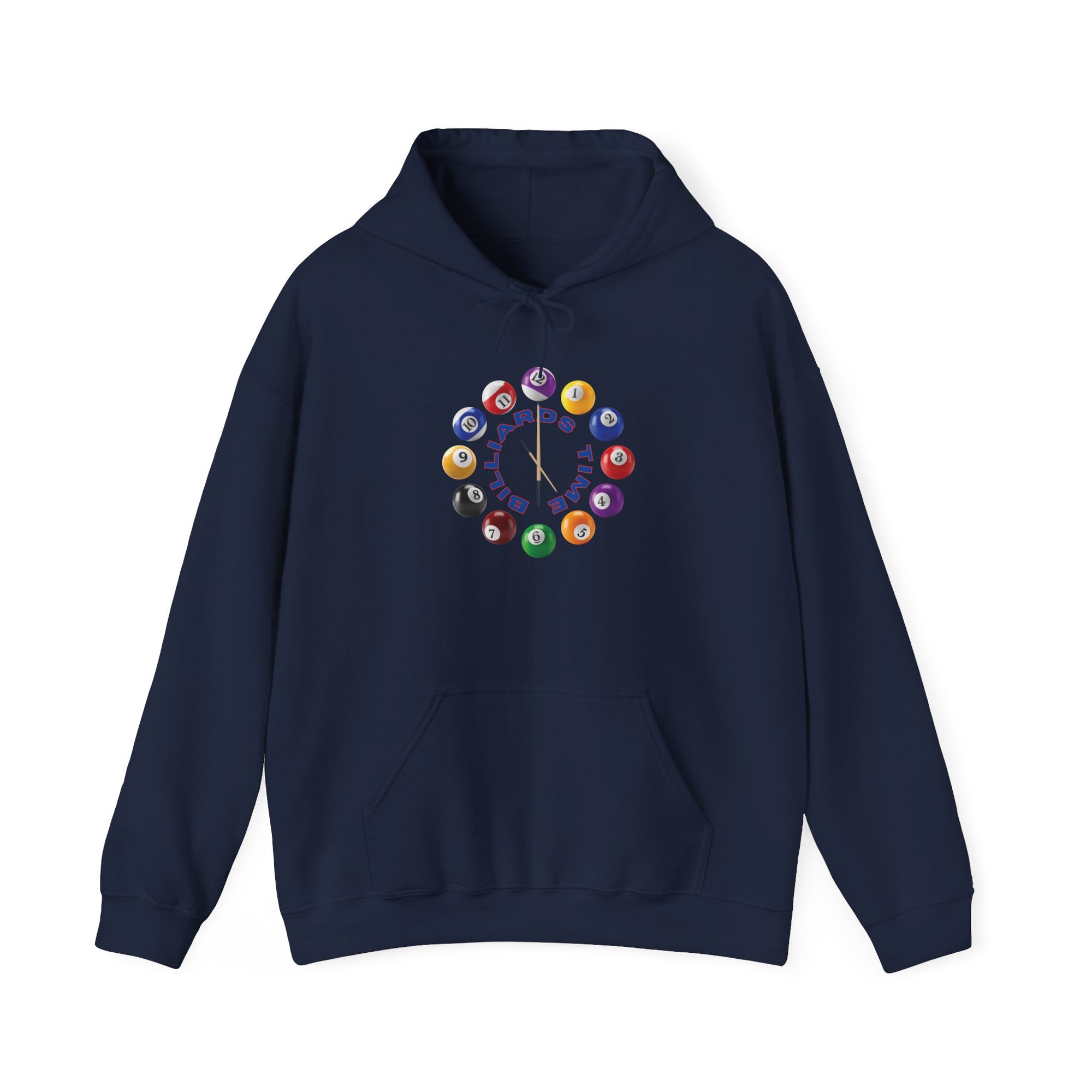 Navy blue hoodie with the text "Billiards Time" surrounded by a clock made up of colorful billiard balls and cue sticks, on a white background