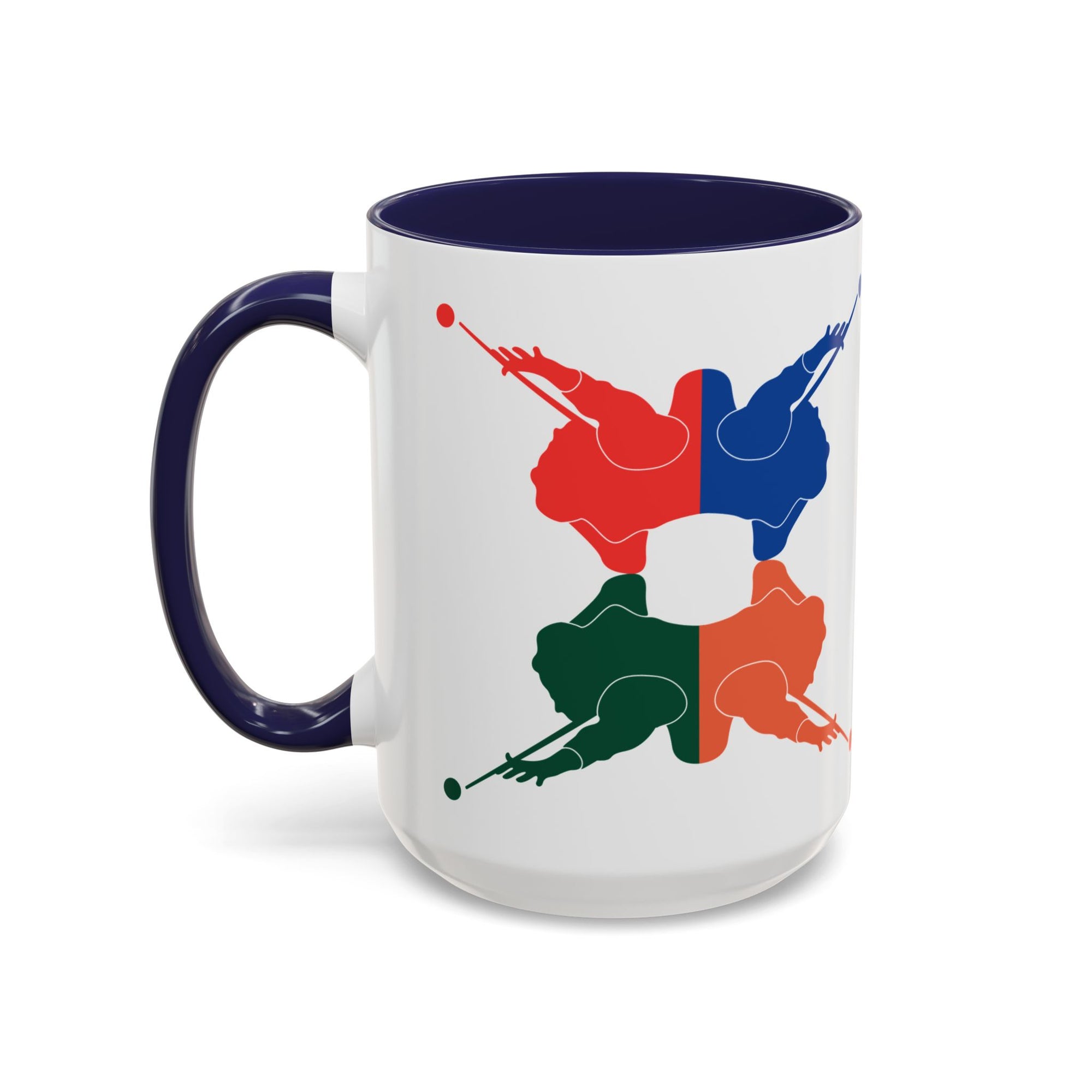 A white ceramic coffee mug with dark blue accents on the handle and interior, with colorful graphic of 4 billiards player silhouettes in a pop art style, against a white background