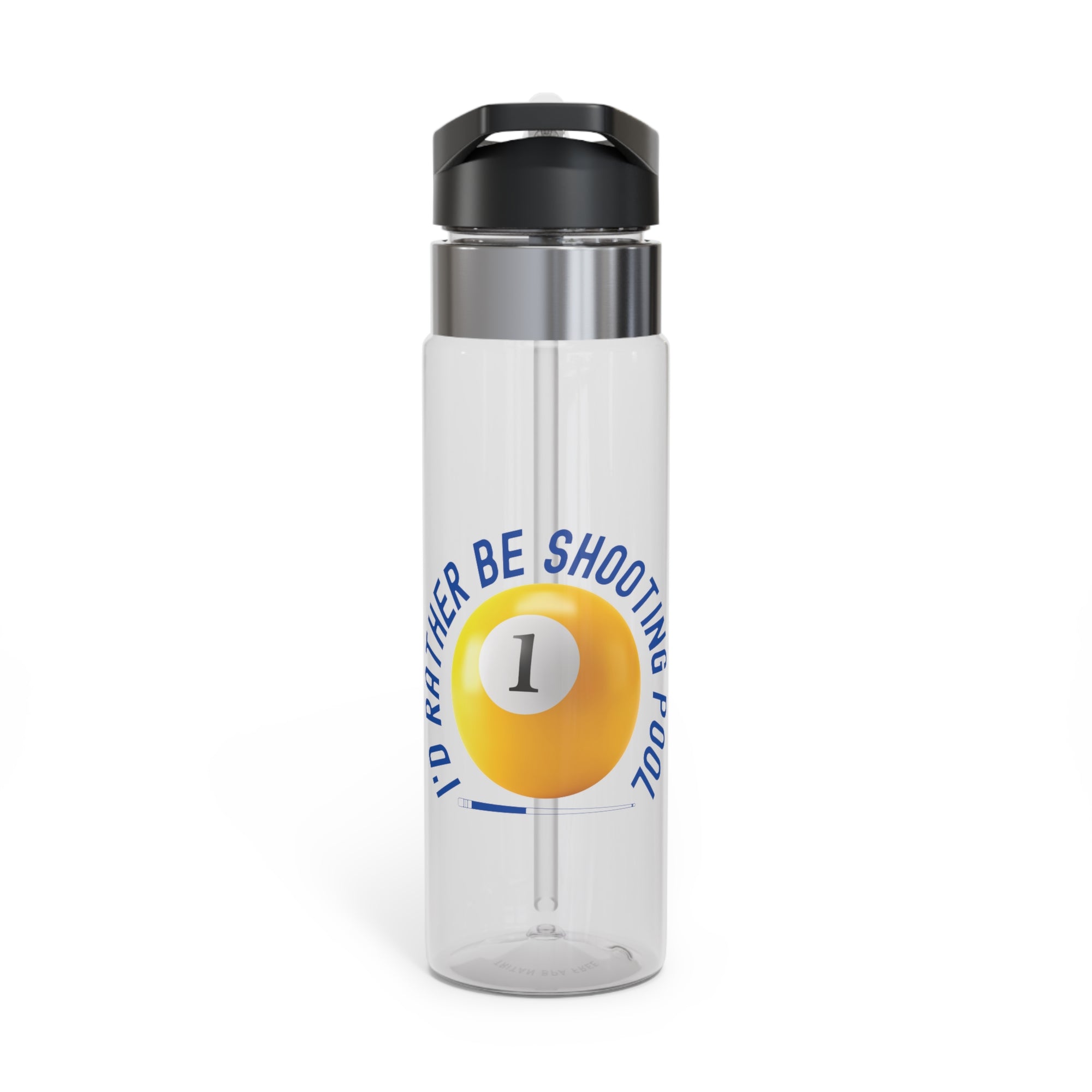 Clear water bottle with a lid and straw with a yellow billiards ball and cue stick graphic and the text "I'd Rather Be Shooting Pool" on a white background
