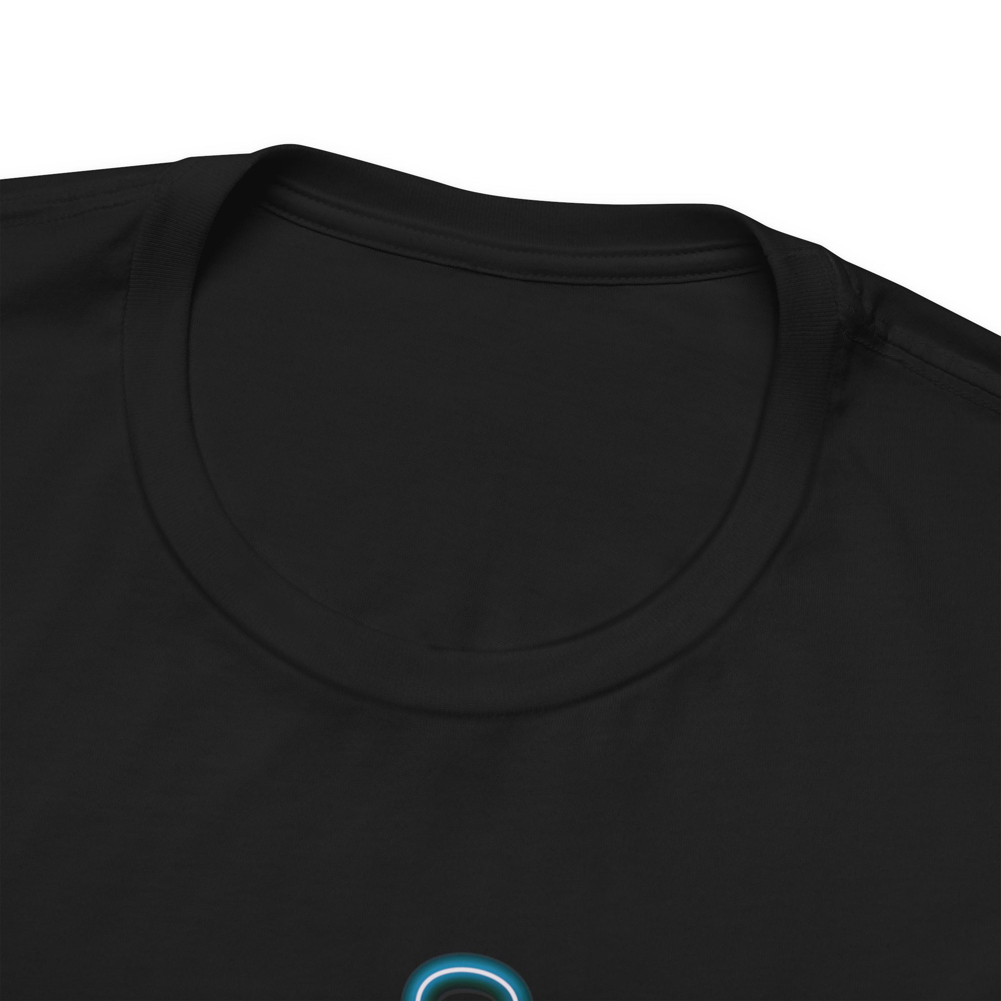 Close-up of the neckline of a black bowling t-shirt with 'STRIKE!' with the "I" replaced by a bowling pin, on a hanger against a white background