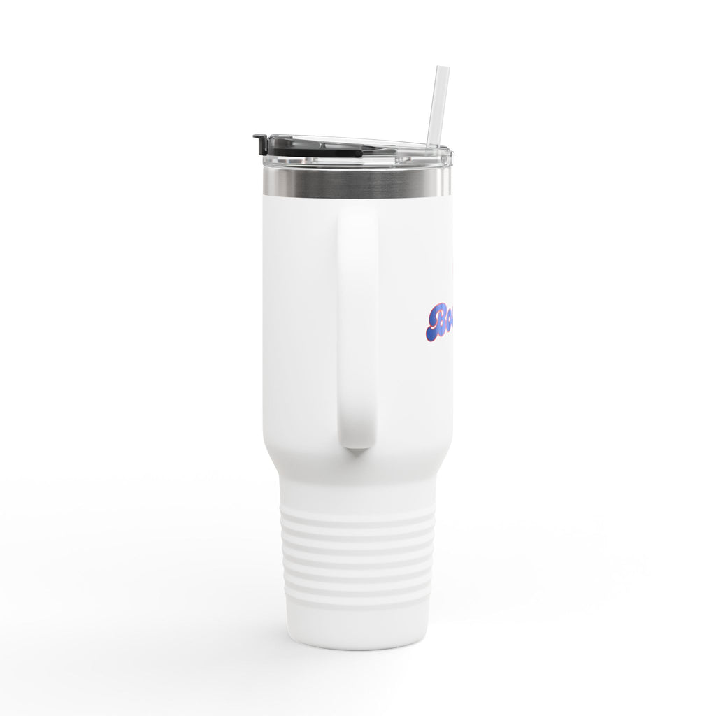 Side view of a white 40oz tumbler with handle, lid, and straw, with a red bowling ball graphic and 'Bowling' text on a white background