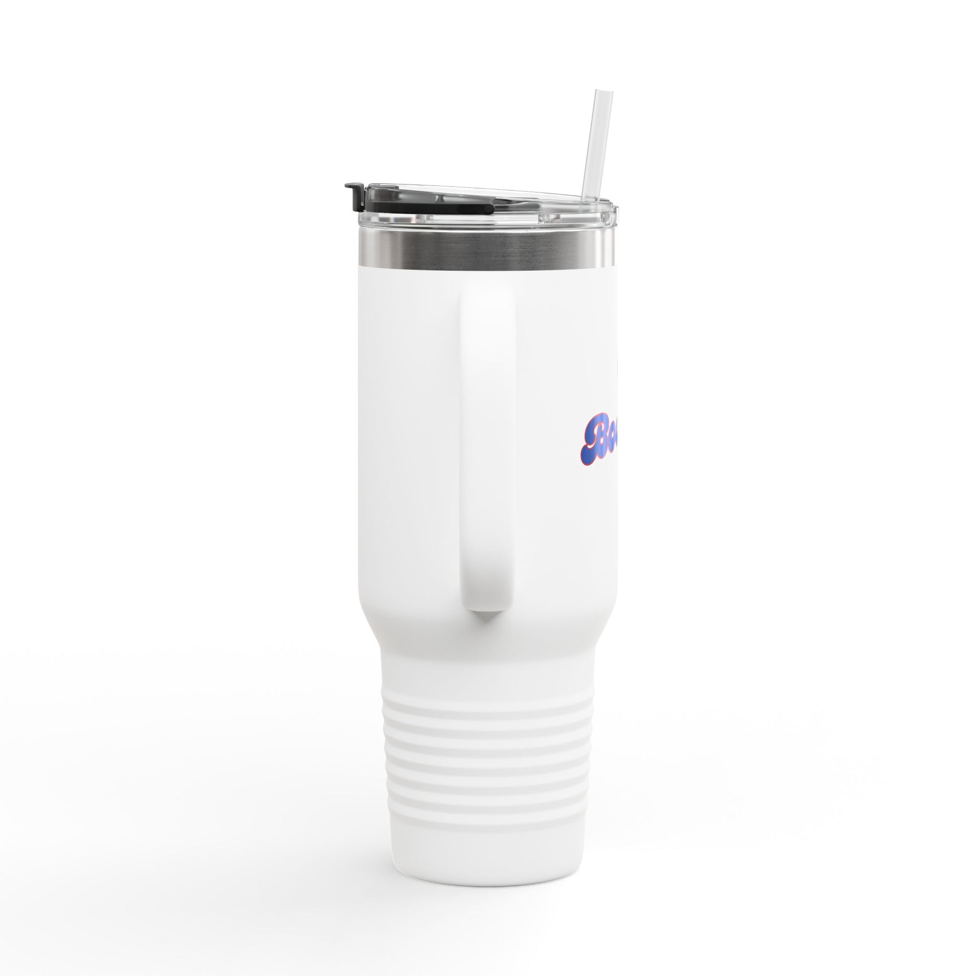Side view of a white 40oz tumbler with handle, lid, and straw, with a red bowling ball graphic and 'Bowling' text on a white background