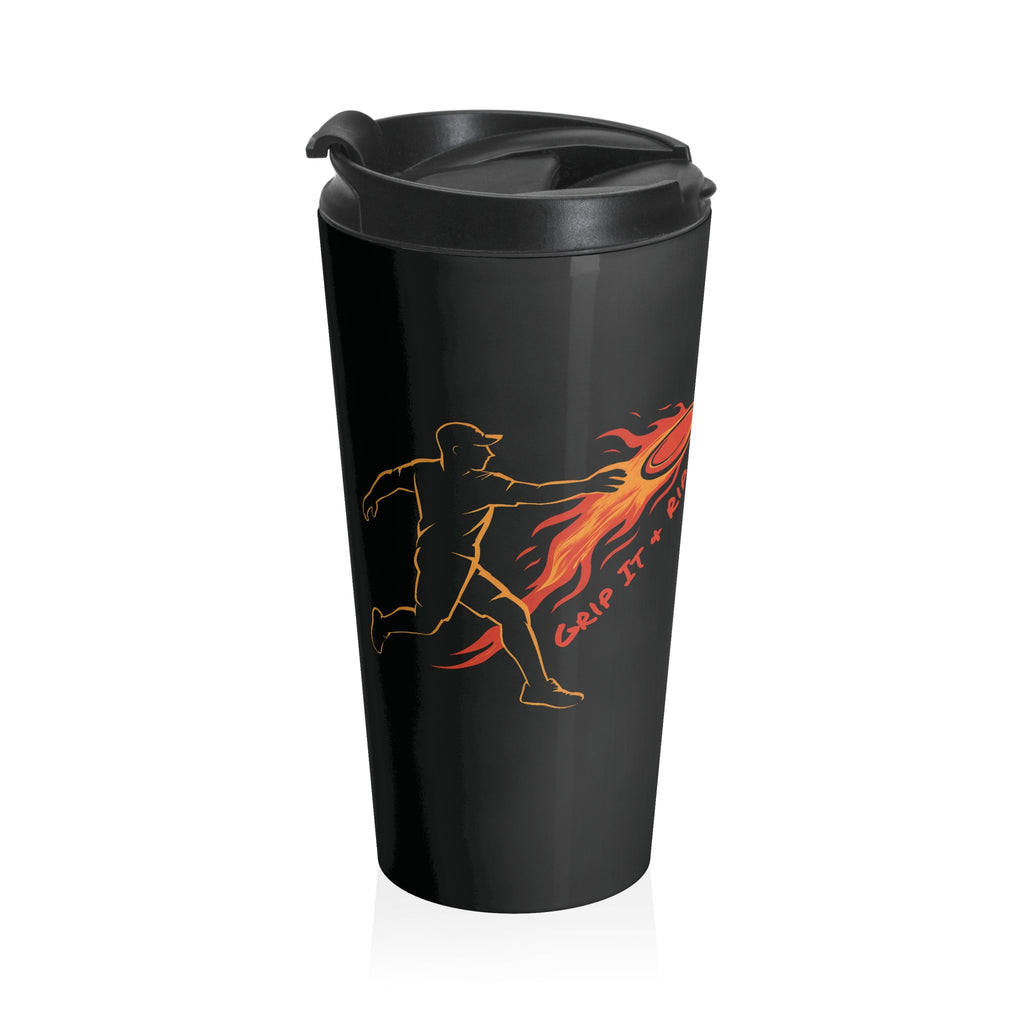 A black travel mug with lid featuring a graphic design of a person throwing a disc golf disc with flames coming off the disc and text 'Grip It or Rip It' against a white background.
