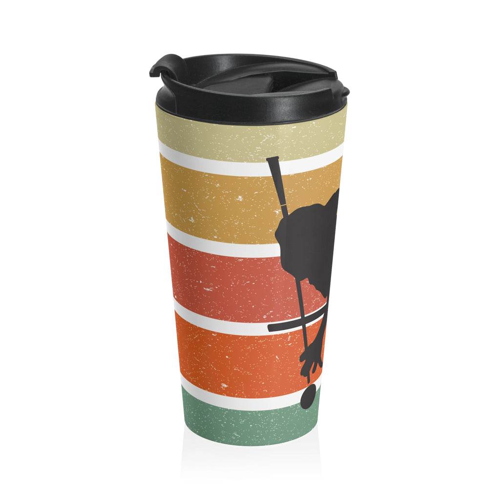 Side view of a travel mug with an image of a billiards player silhouette against a colorful retro image on a white background.