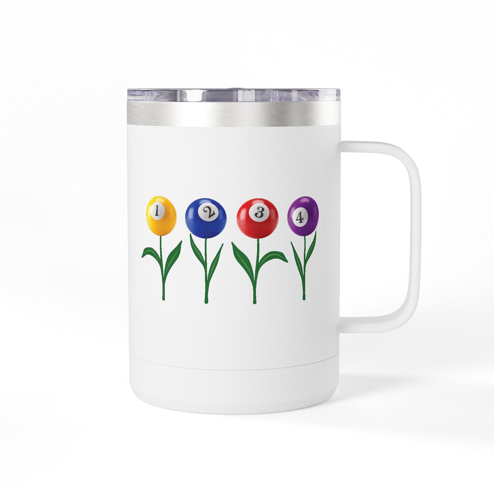 A white travel coffee tumbler mug with handle and lid, with four colorful flowers made out of billiards balls with green stems, on a white background