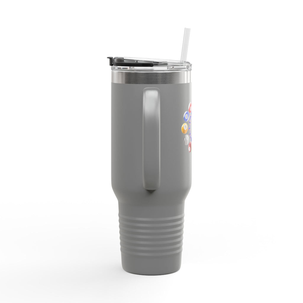 Back view of a gray 40oz travel tumbler mug with lid and straw, with the text "Billiards Time" surrounded by a clock made up of colorful billiard balls and cue sticks, on a white background