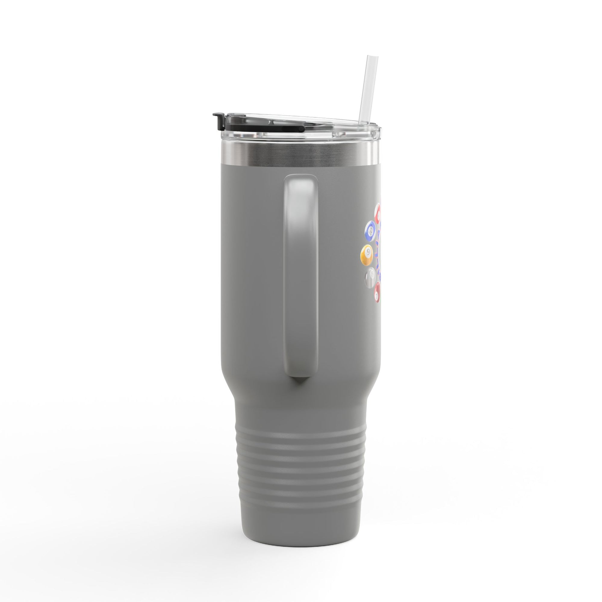 Back view of a gray 40oz travel tumbler mug with lid and straw, with the text "Billiards Time" surrounded by a clock made up of colorful billiard balls and cue sticks, on a white background